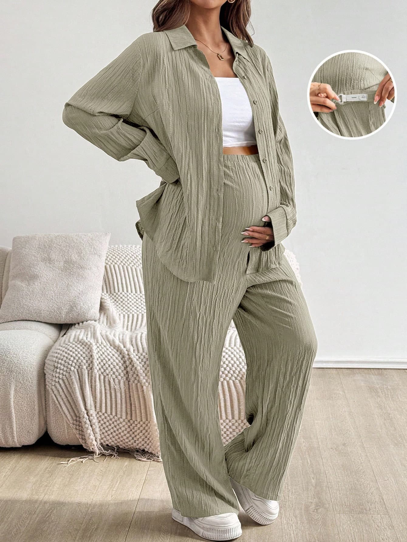 SHEIN 2pcs Maternity Casual Set:Sage Green Summer Solid Color Long Sleeve Button-Up Shirt And Adjustable Waist Pants,Linen Women Comfy Lounge Suits Fall