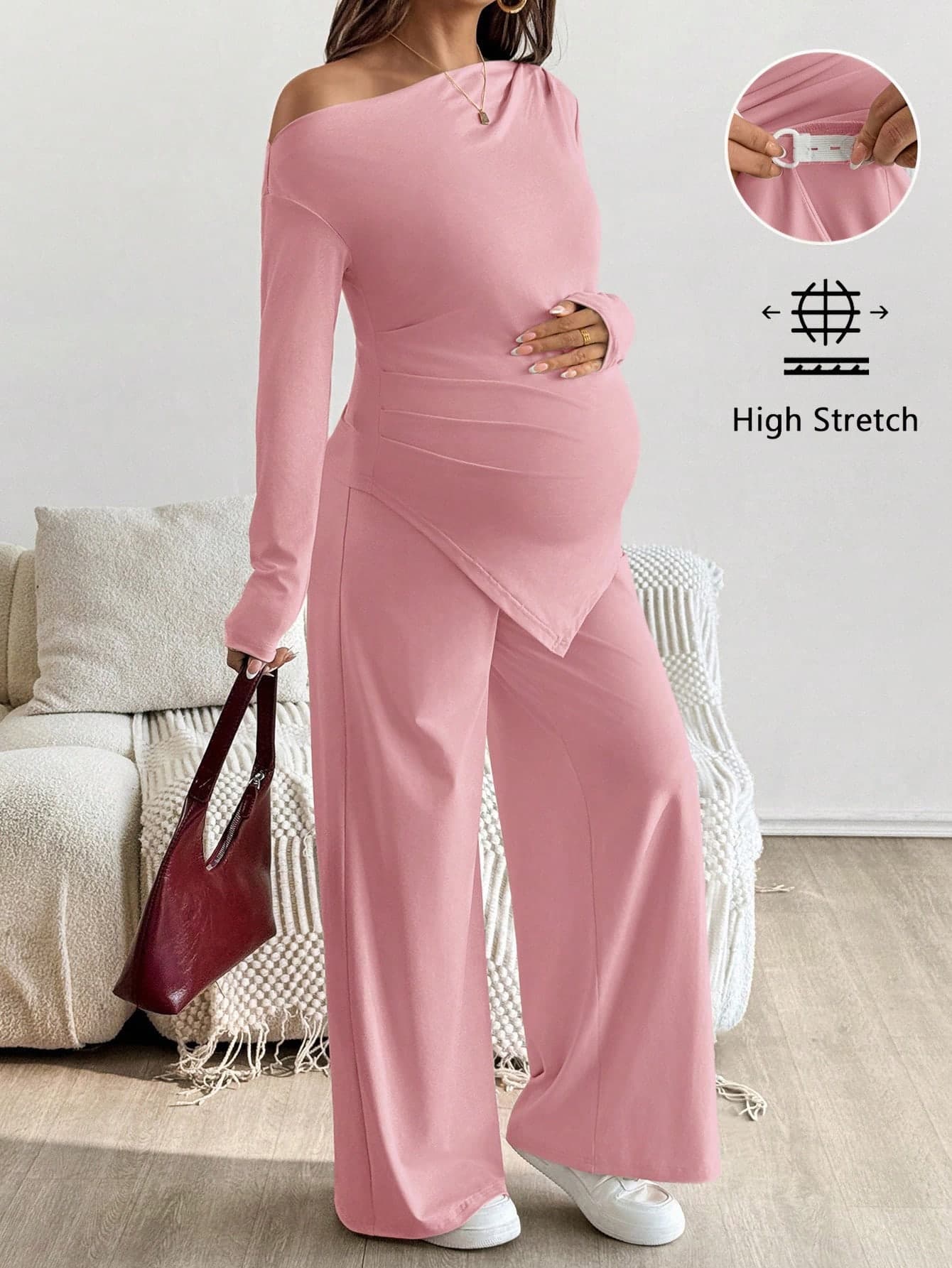 SHEIN 2pcs Maternity Casual Solid Asymmetric Top And Pants Set Pregnant Outfits 2 Pieces Maternity Set For Woman Postpartum Clothes Pregnancy Clothes Fall