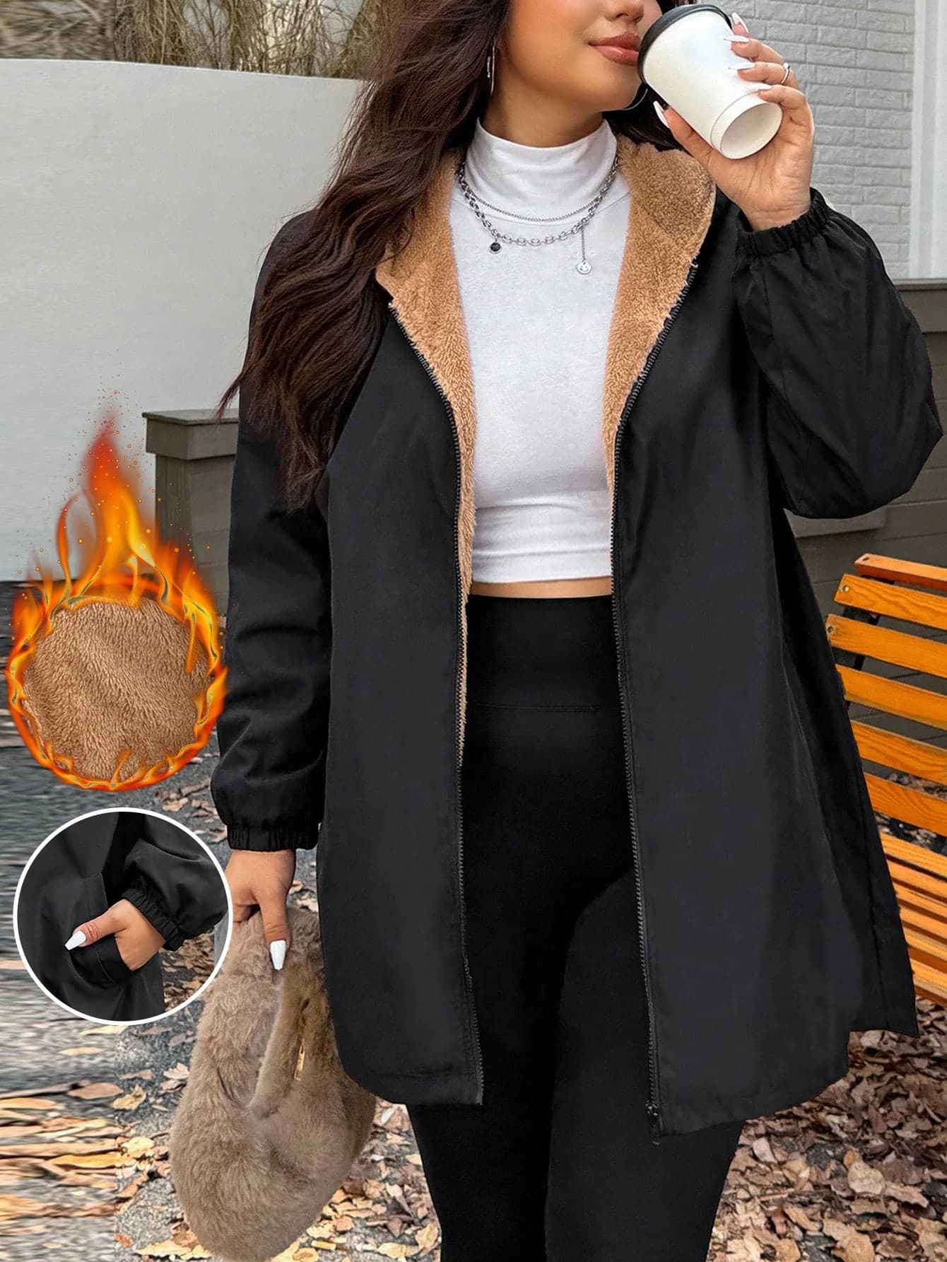 SHEIN EZwear Women Plus Size Black Zipper Hooded Jacket,Winter Casual Formal Evening Hiking Thermal Lined Long Sleeve Coat With Belt,Fall Elegant Chic Christmas