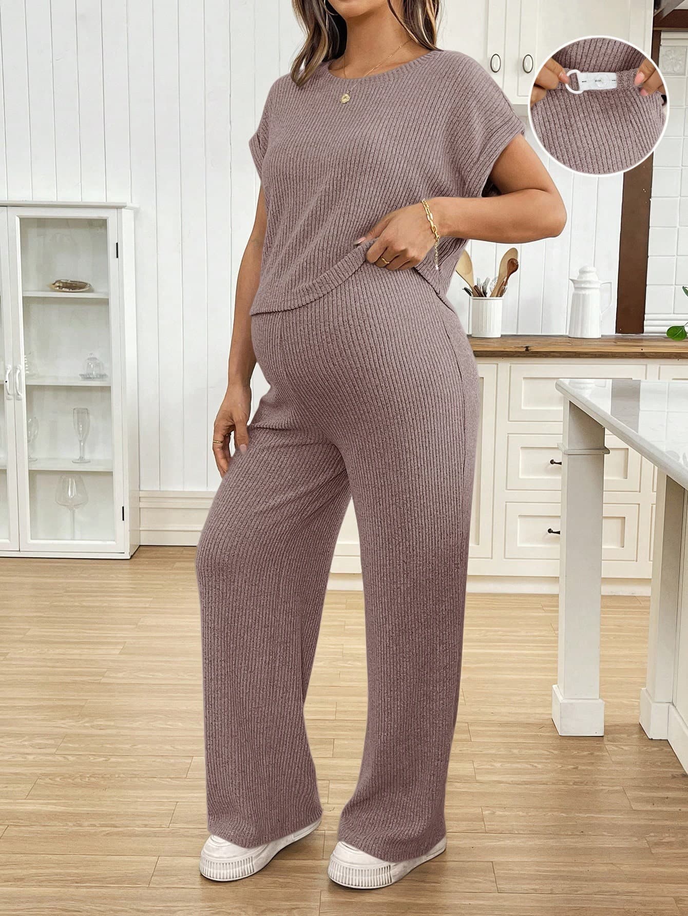 SHEIN 2pcs Maternity Casual Solid Color Top And Pants Set Ribbed Two Piece Knit Lounge Comfortable Women Comfy