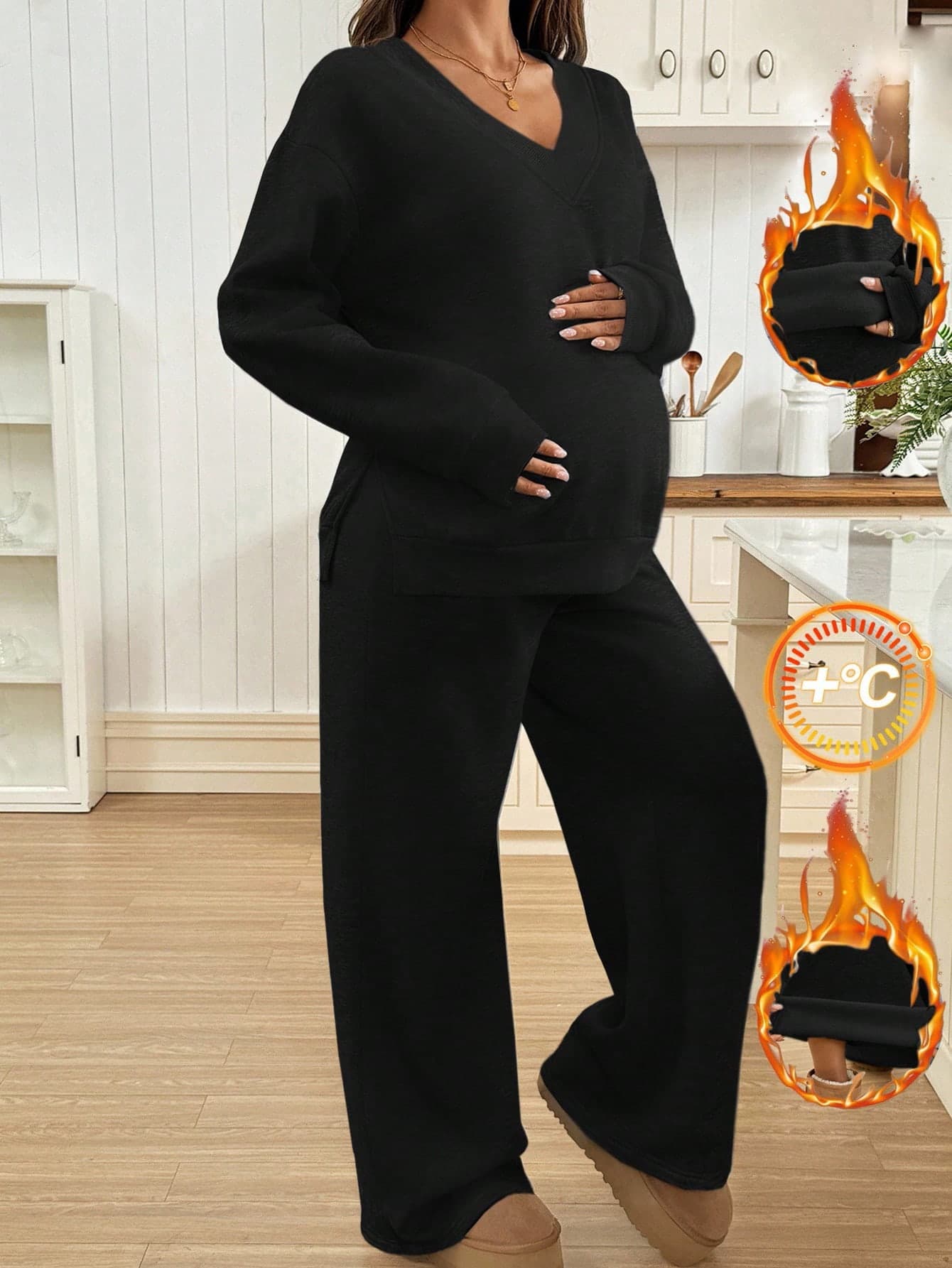 SHEIN Maternity 2pcs Casual Black Winter Clothes,Solid Color Top And Pants Set,Comfortable Lounge Sets For Photoshoot Fall Autumn Two Piece Set Women