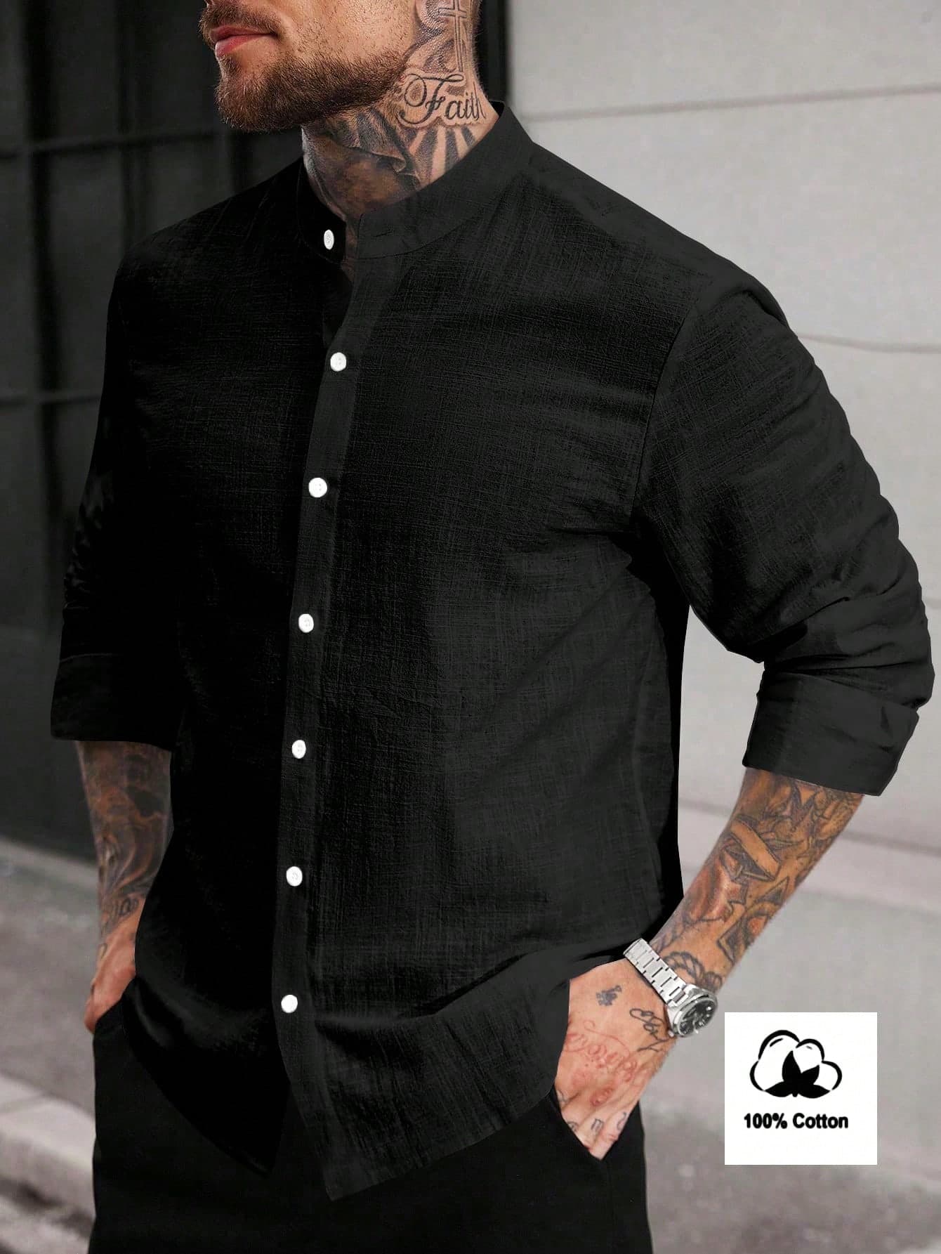Manfinity CasualCool Men's Casual Versatile Solid Color Long Sleeve Shirt Men Black Long Sleeve Cotton Shirt Men Stand Collar Shirt Black Linen Shirt, Fall, Formal