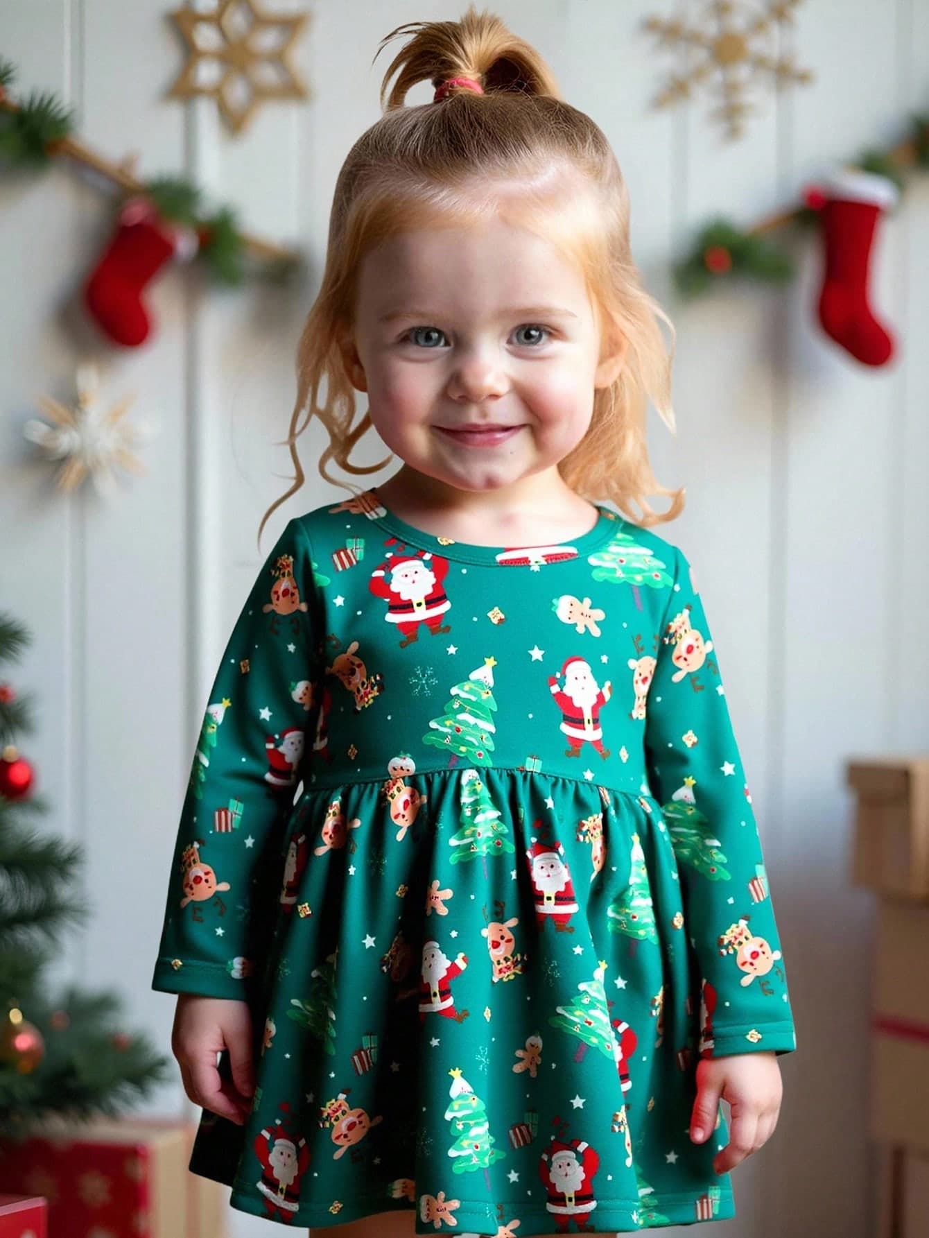 SHEIN Playful Pals Cute Santa Claus & Reindeer Print Long Sleeve Casual Comfortable Holiday Outfit For Baby Girls,Christmas Clothes
