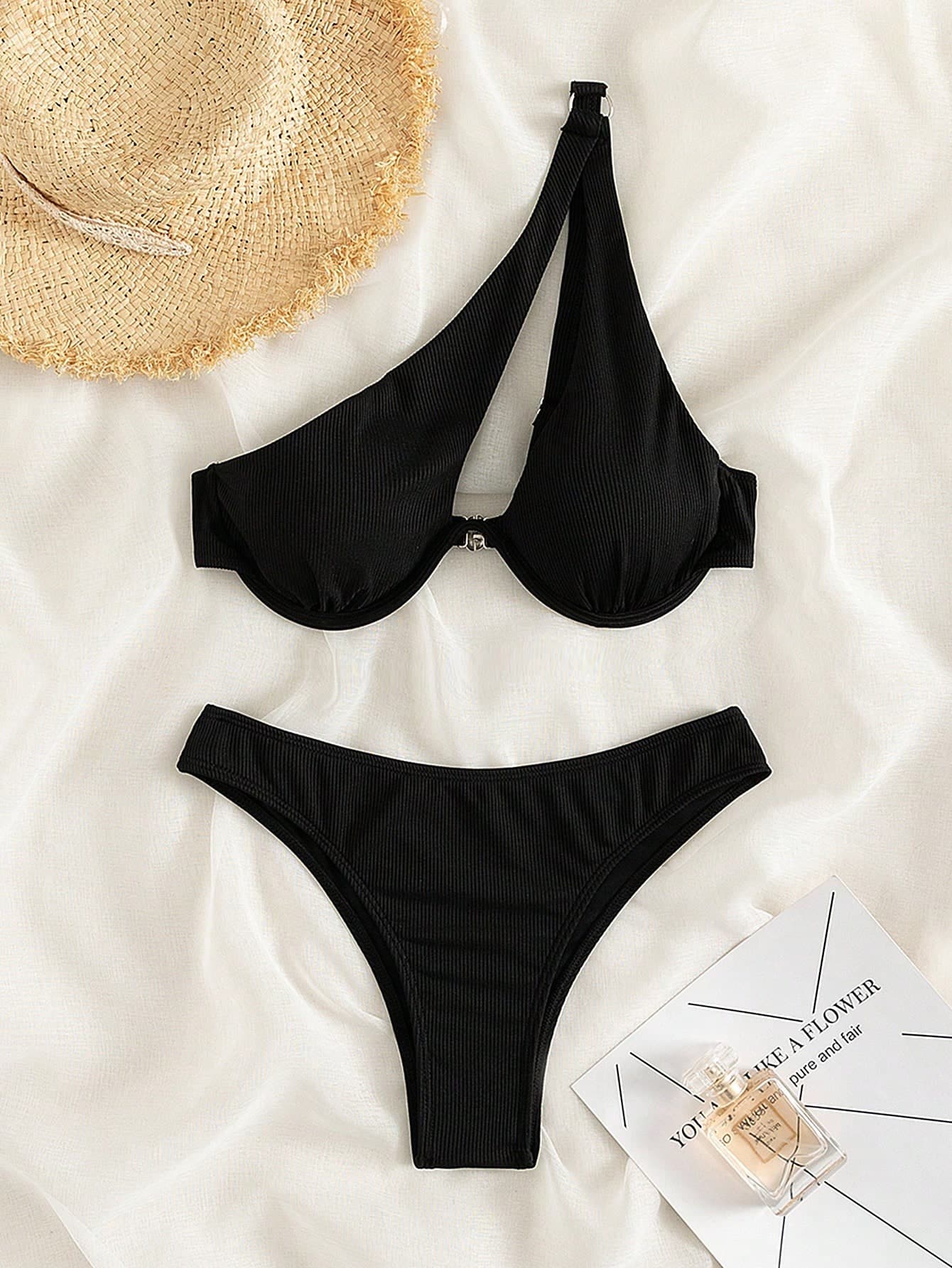 Swim Basics Summer Beach Ribbed Bikini Set One Shoulder Underwire Bra & Scrunch Butt Bikini Bottom 2 Piece Bathing Suit
