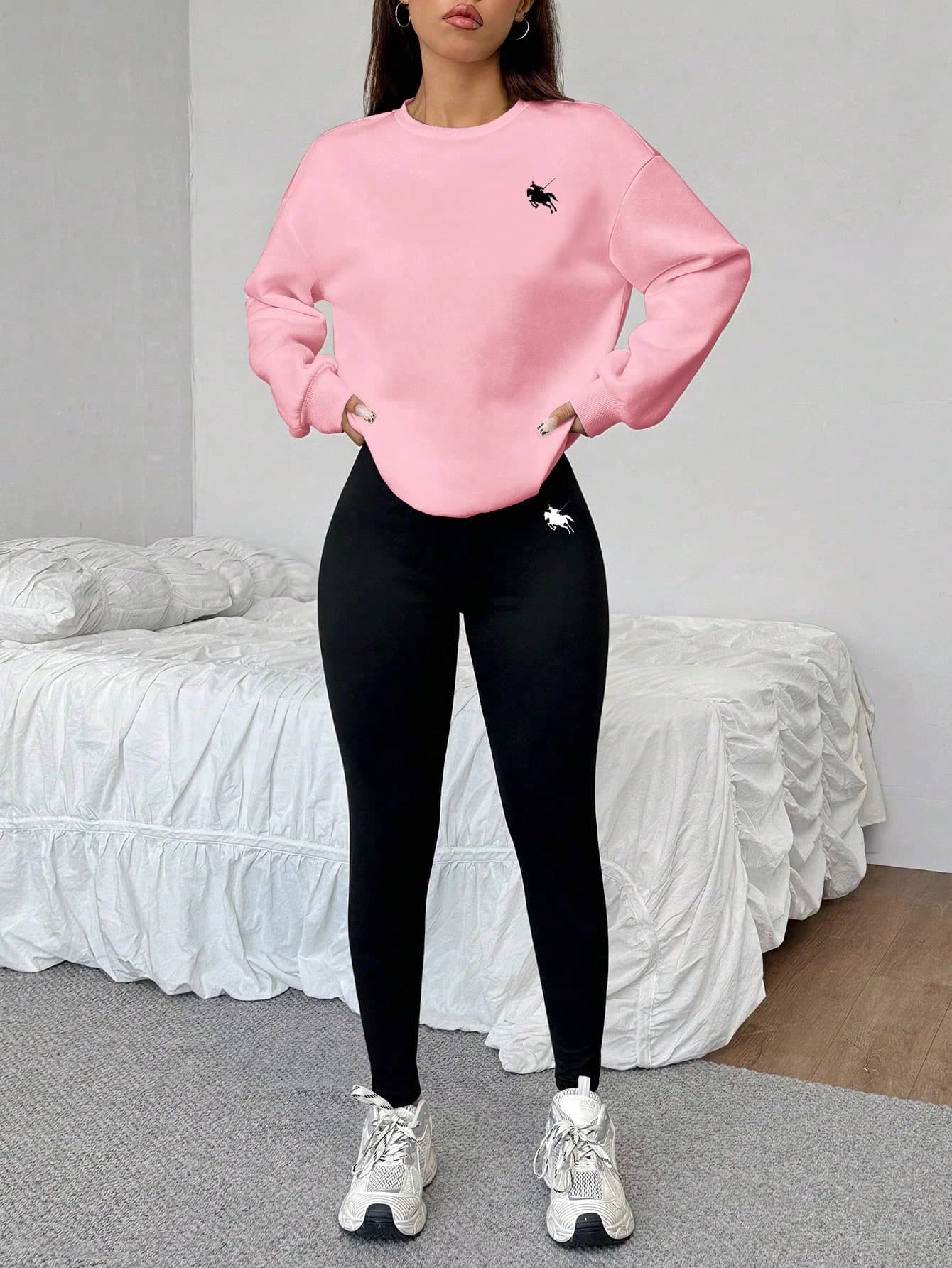 SHEIN EZwear 2pcs Casual Minimalist Horse Print Pattern Loose Crew Neck Sweatshirt And Skinny Leggings Set, Suitable For Autumn/Winter