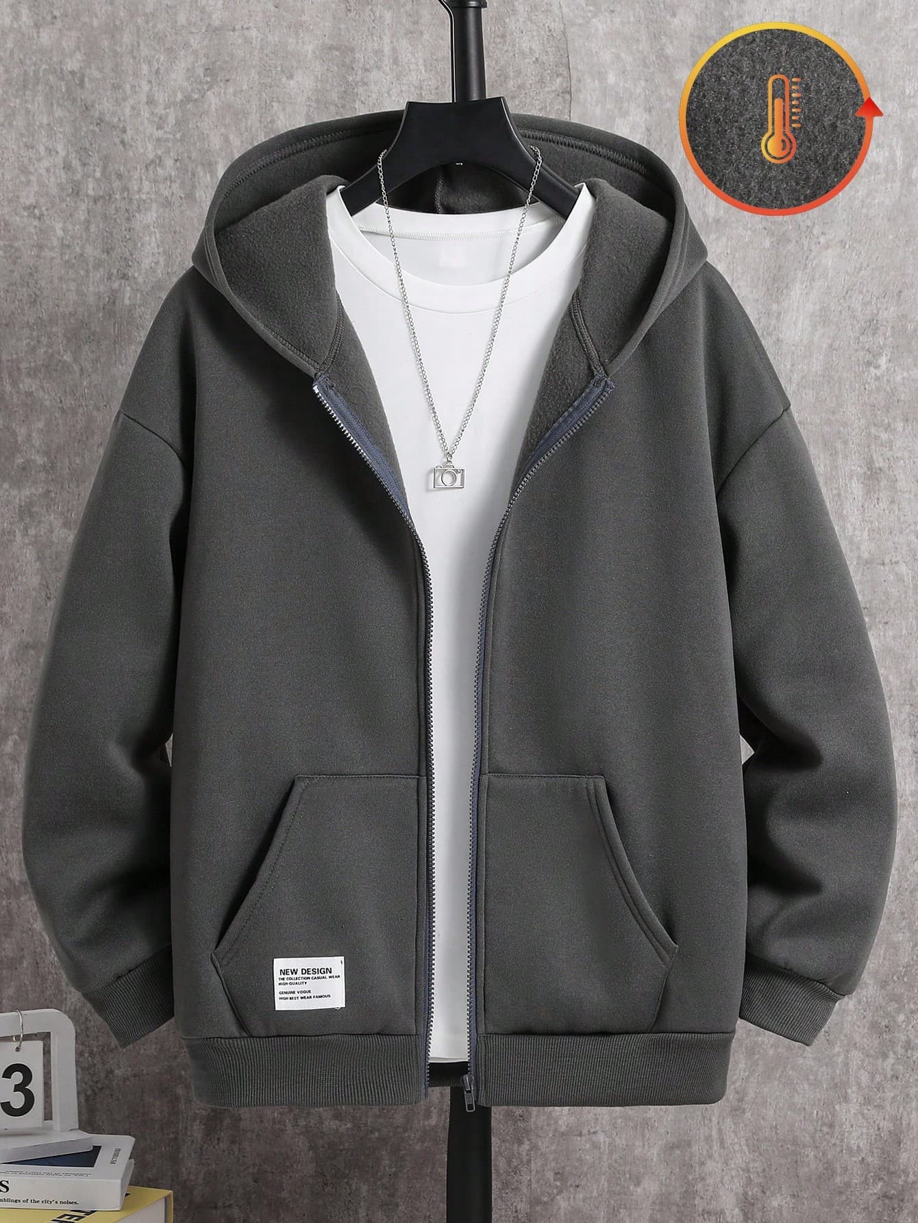SHEIN Teen Boys' Oversized Gray Sweatshirt Autumn Jacket,Casual College Style,Soft Fabric,Back-To-School,Graduation,White,Winter,Comfortable & Fashionable