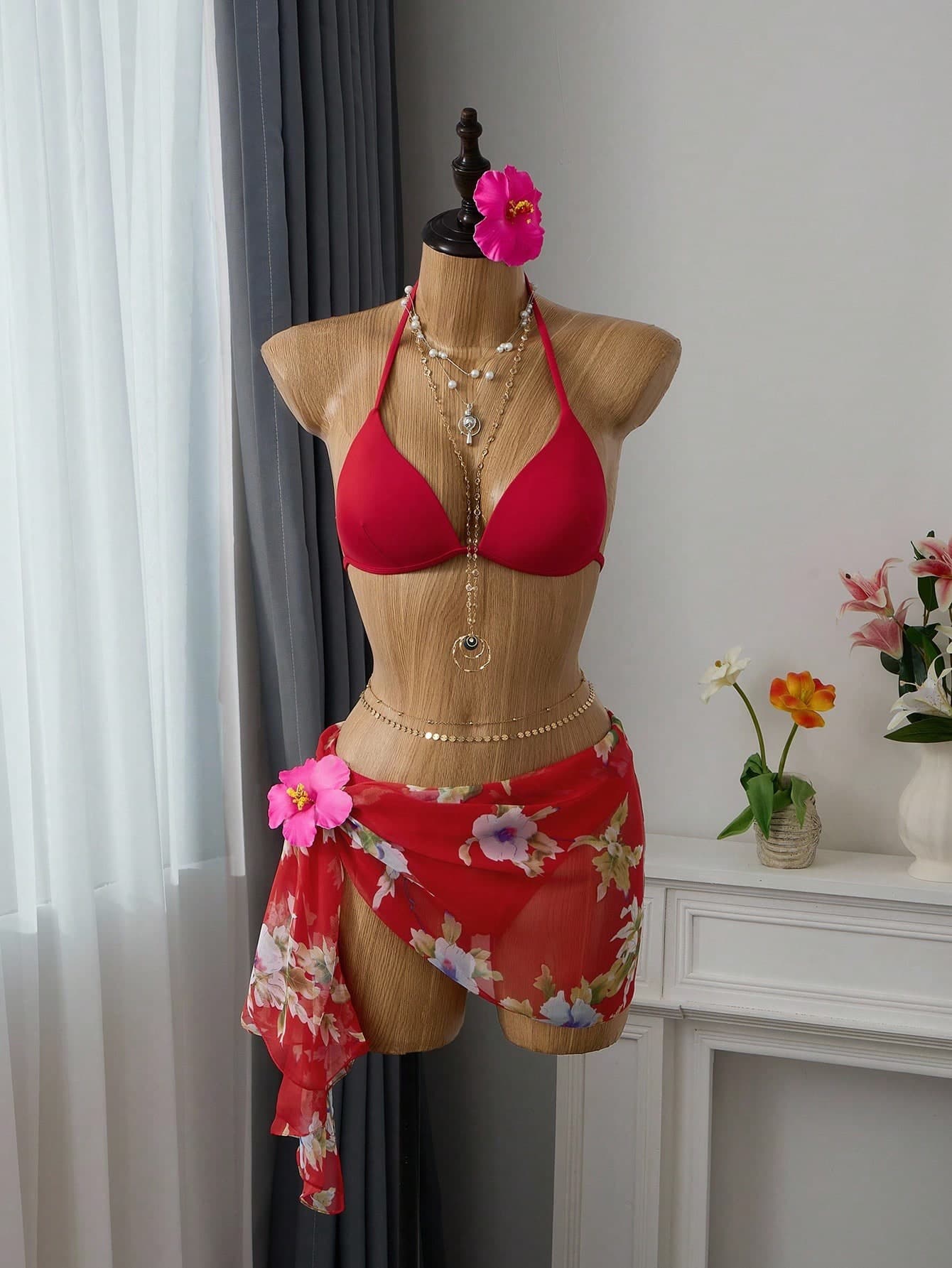 Bellisia 2pcs Women's Summer Beach Solid Color Halter Tie Sexy Bikini Swimsuit Set, Underwired