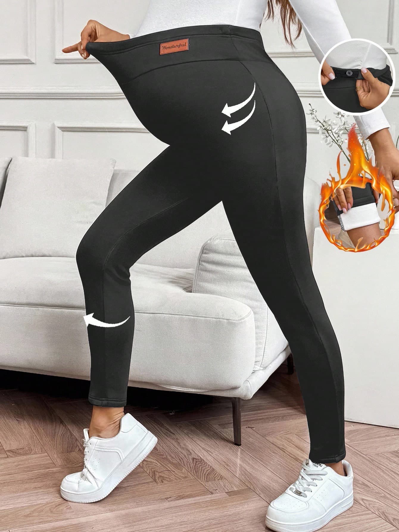 SHEIN Maternity Thermal Lined Leggings,Adjustable Waist Black,Summer,Casual,Formal,Gym Warm Winter Pants For Women,Fall/Autumn Clothes,Maternity Leggings