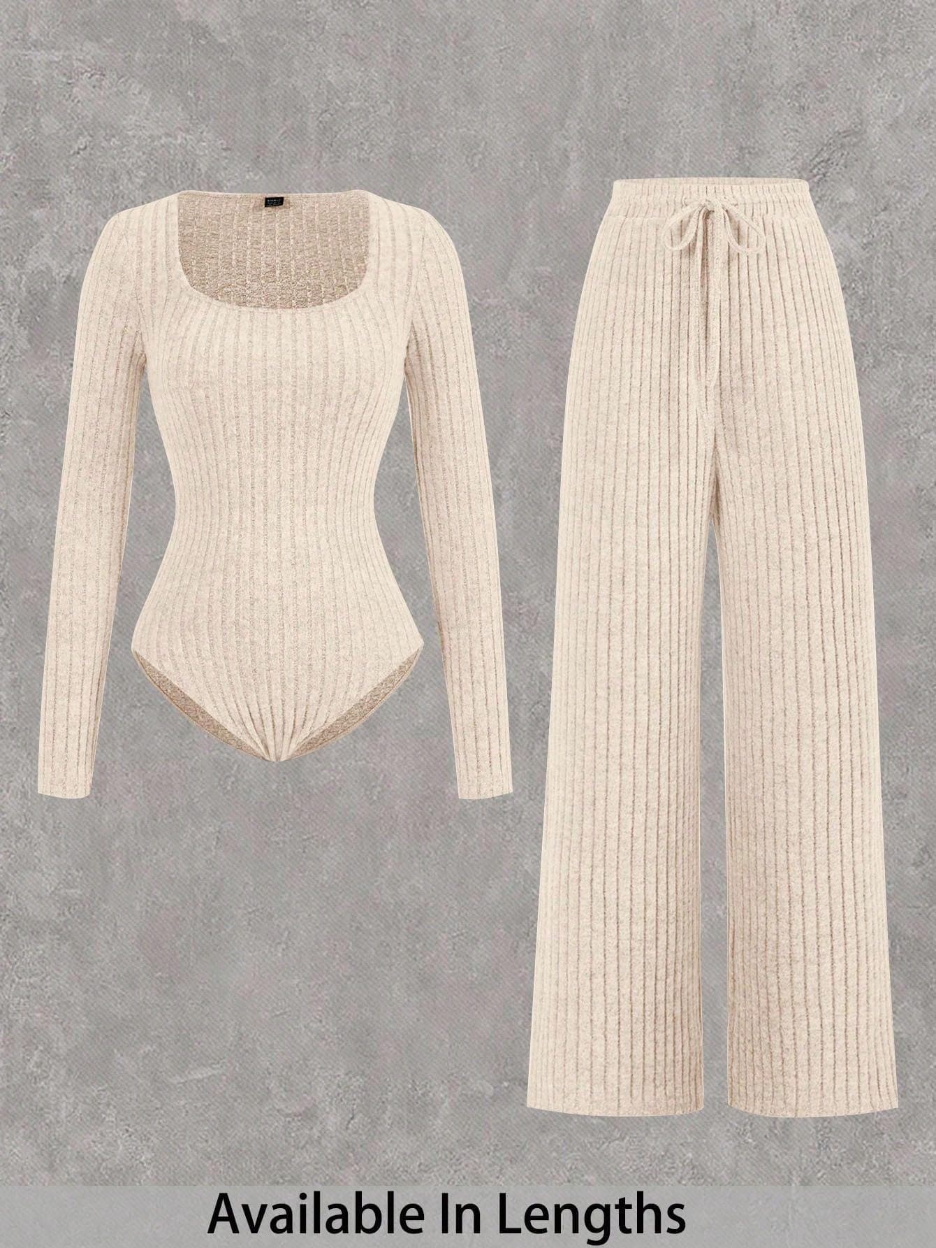 SHEIN Tall CURVE Plus Size 2pcs Rib Bodysuit & Pants Set,Peach Autumn Casual Curve Loungewear,Long Sleeve Tracksuit,Wide Leg Baggy Pants,Knitted Two Piece Outfit,Beige