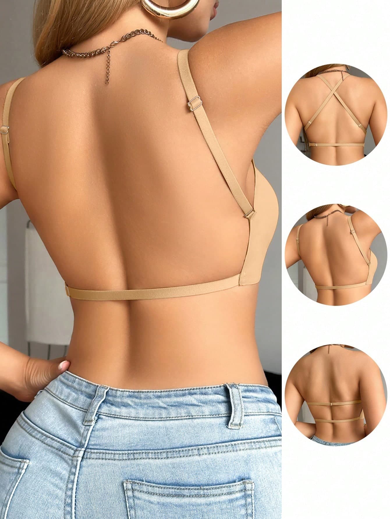 DesireSculpt 1pc Casual Minimalist Solid Color Deep V-Neck Spaghetti Strap Backless Women Bra