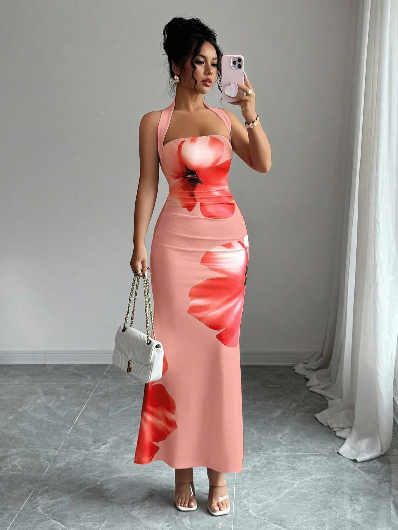 Elenzga Women's 2025 Summer Halter Tie Waist Slim Fit Printed Mid-Length Dress