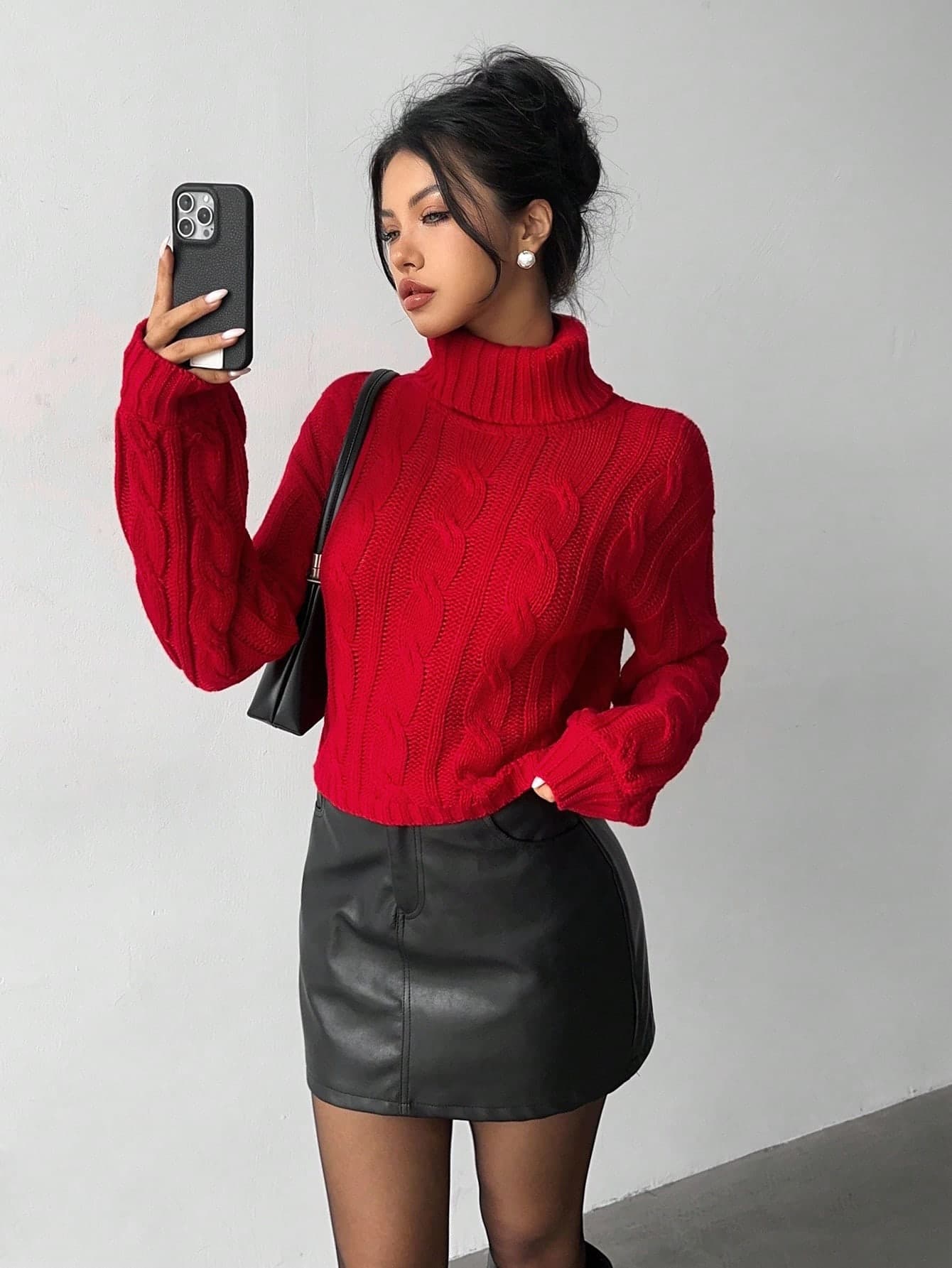 Elenzga Women's Elegant Turtleneck Christmas Red Twist Rib Knit Long Sleeve Sweater, Autumn/Winter
