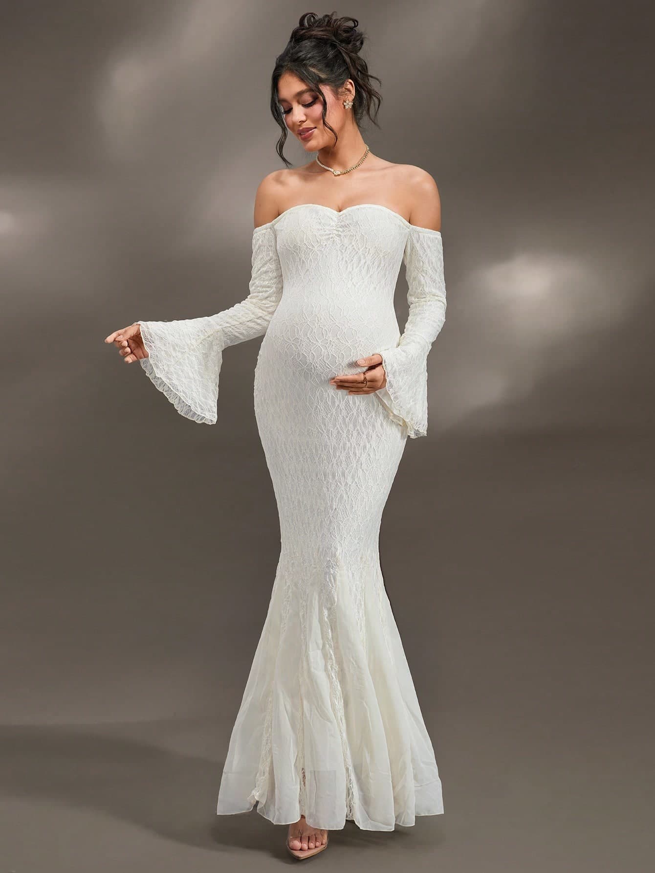 Cheriluna Maternity Maternity Long Sleeve Off Shoulder Fitted Lace Patchwork Chiffon Dress, Suitable For Christmas Party, Elegant Party, Baby Shower
