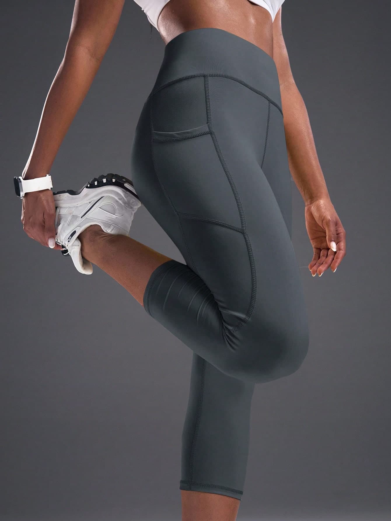 Powerista Workout Leggings Women's High Waist Patchwork Pocket Capri Leggings, Suitable For Fitness, Yoga, And Everyday Wear