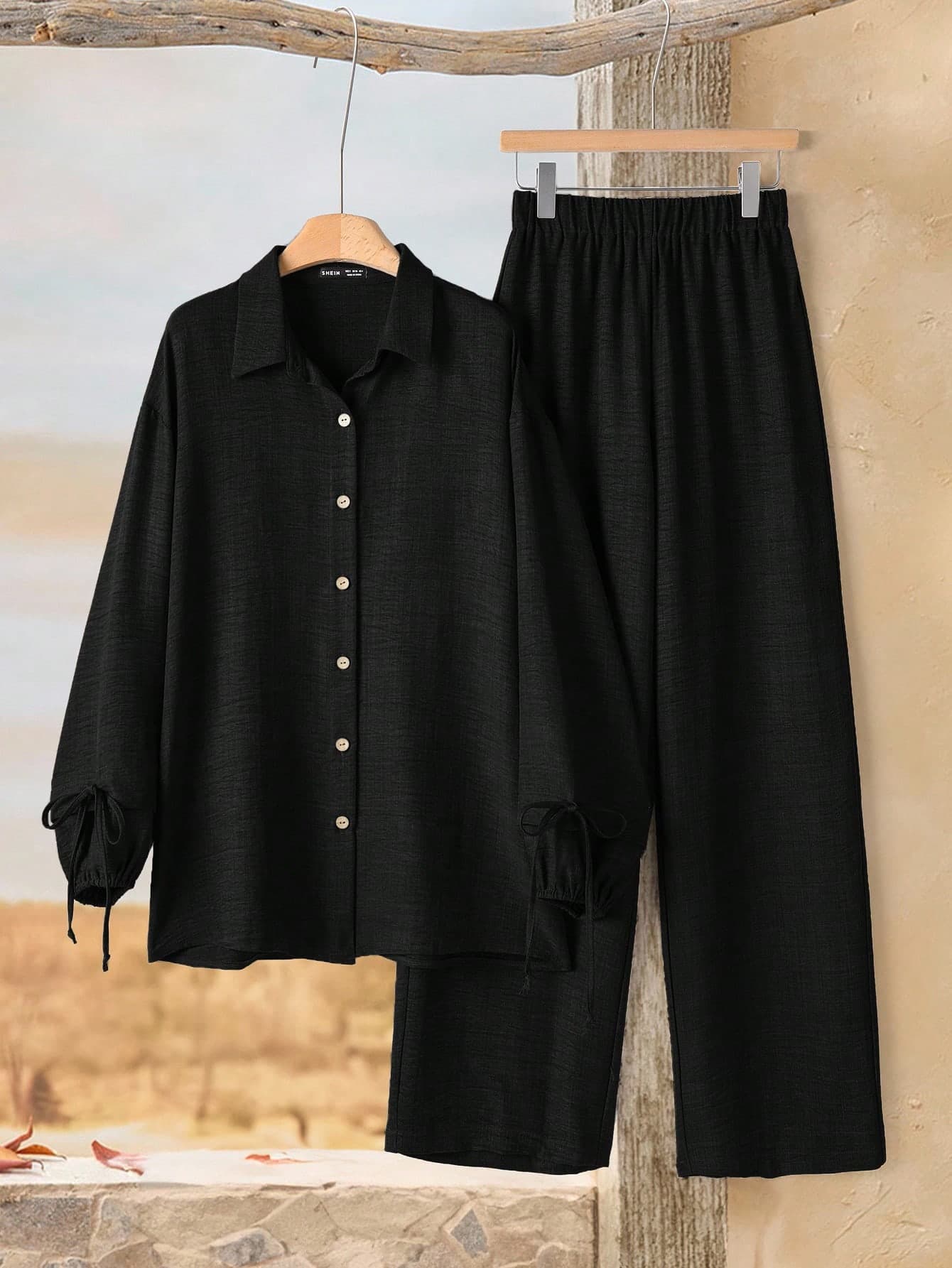 Rusticease Women's Casual Commuter Solid Color Shirt And Pants 2 Pieces Set