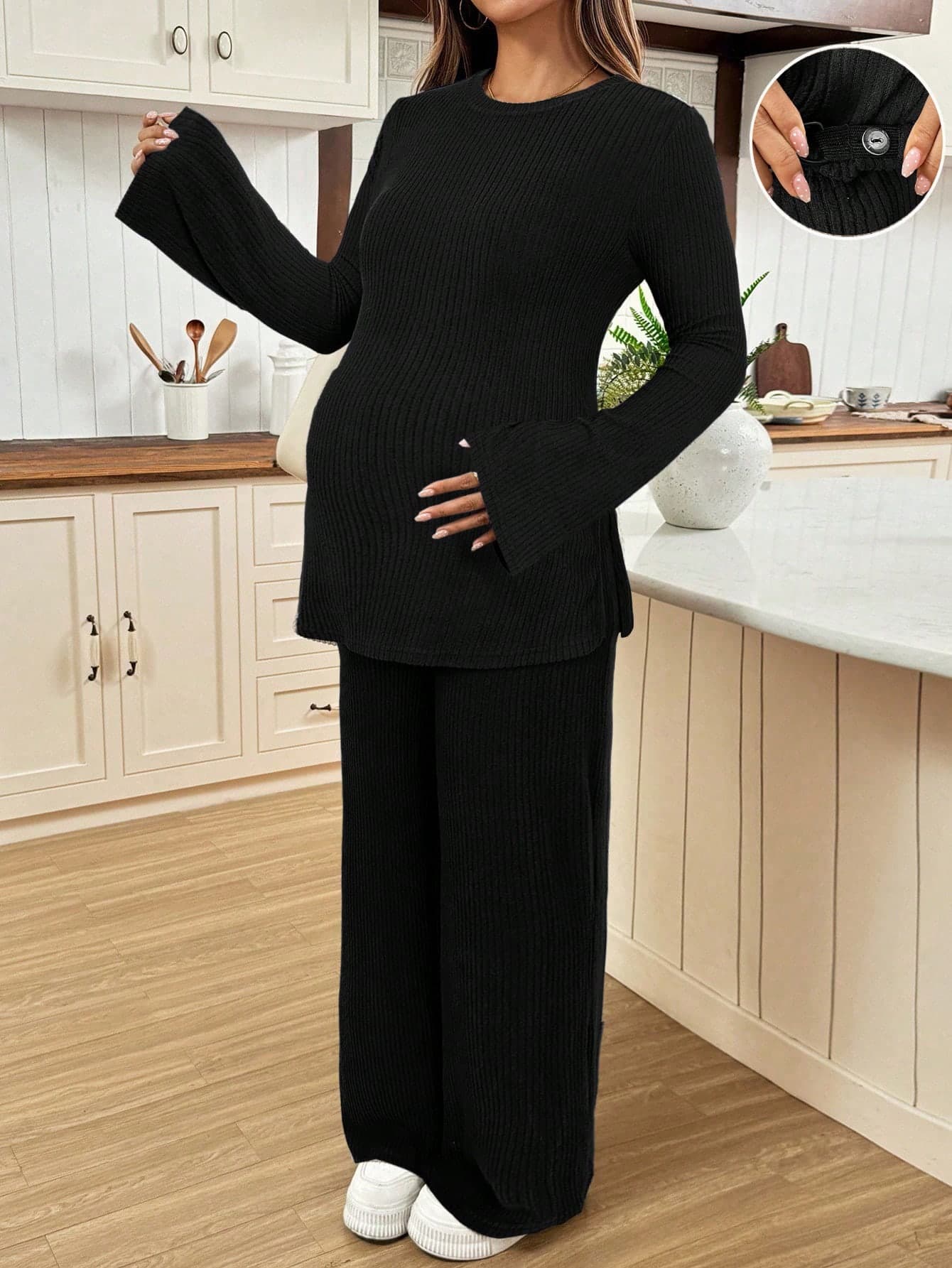 SHEIN 2pcs Maternity Casual Solid Color Side Slit Flare Sleeve Top And Pants Set, Autumn Black Two Piece Women Suit Comfy Modest Clothes Suits Fall