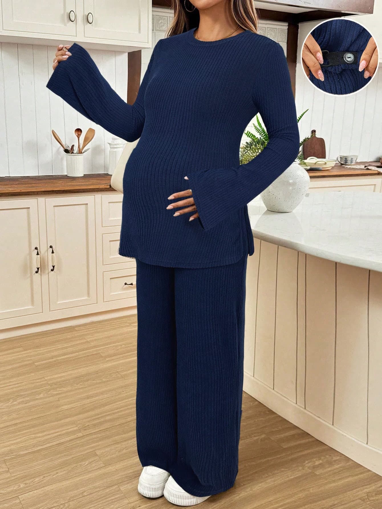 SHEIN 2pcs Maternity Navy Blue Autumn Smart Casual Everyday Solid Color Side Slit Flare Sleeve Top And Pants Set,Comfy Modest Two Piece Suits Clothes Fall
