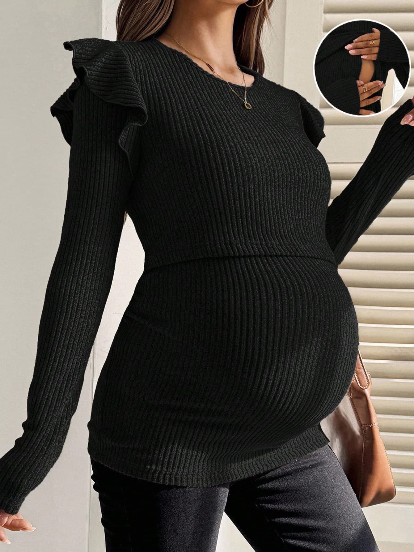 SHEIN Fall Clothes,Autumn Clothes,Maternity Autumn/Winter Casual Solid Color Fitted Nursing Top Long Sleeve Tops Ruffle Shoulder Pregnancy Winter
