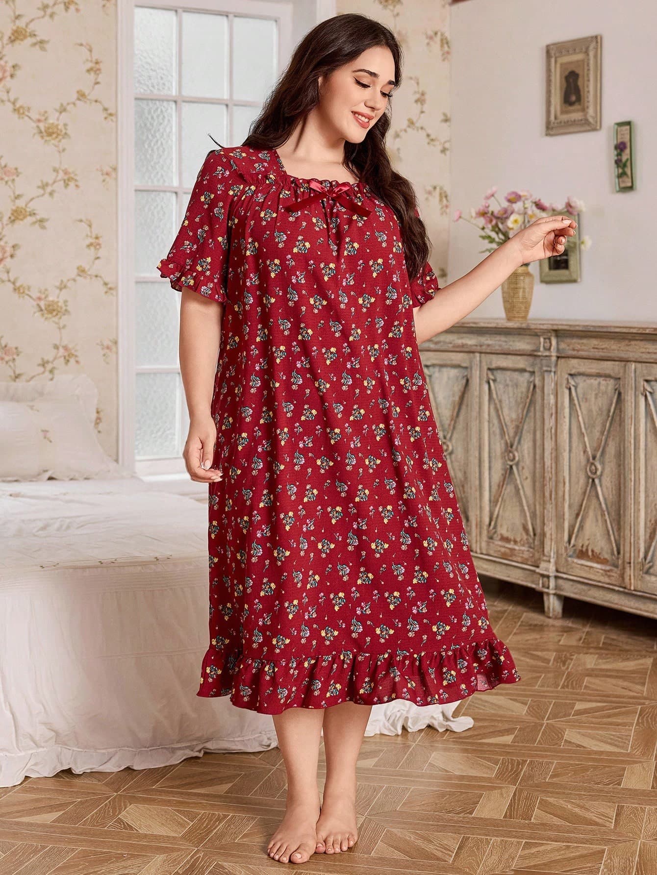 CottageSlumber Plus Size Women's Romantic Ditsy Floral Square Neck Short Sleeve Ruffle Hem Long Nightgown Curve Night Gown Women Plus Sleepwear, Moo Moo Night Dress