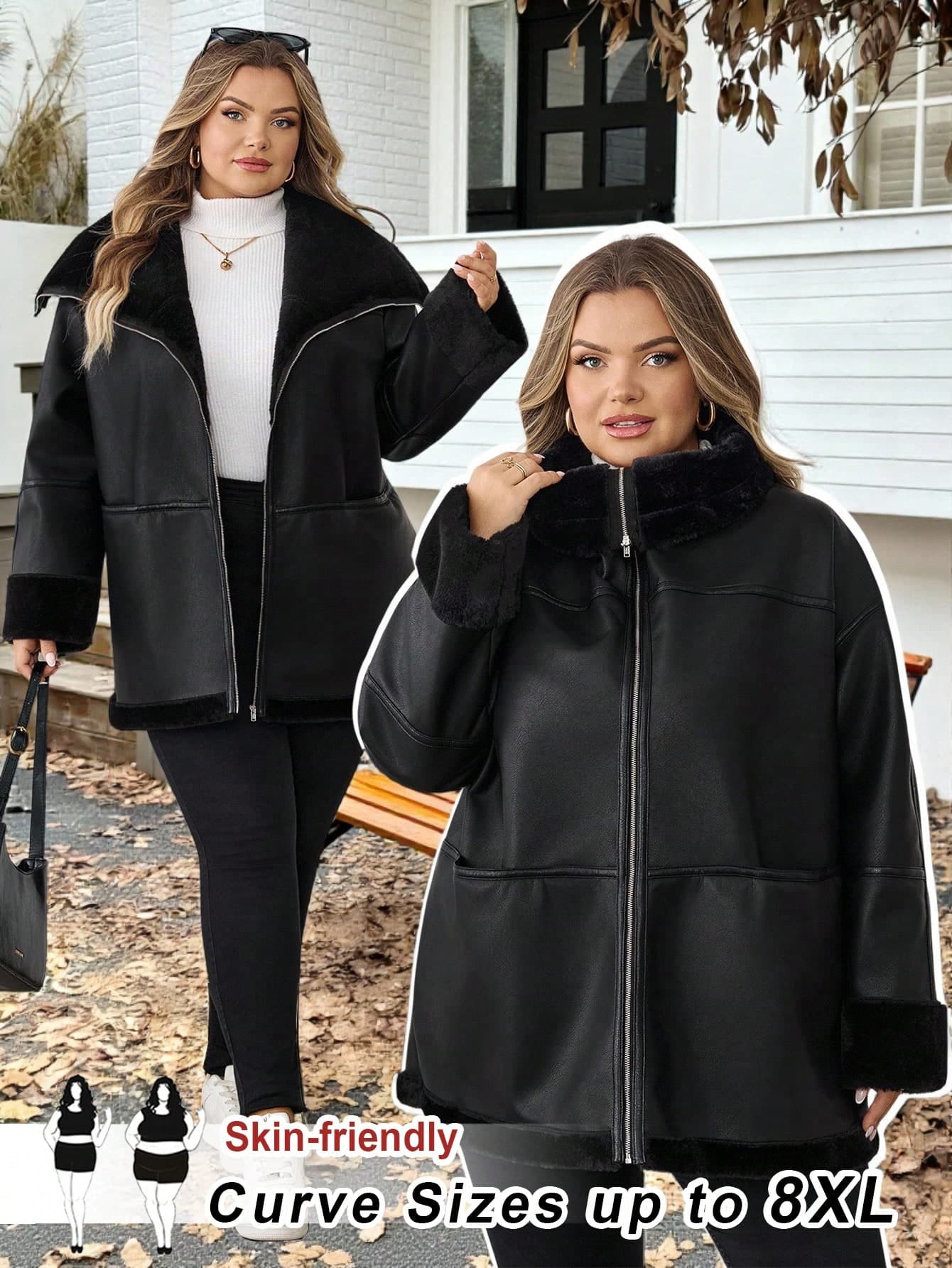 SHEIN CURVE+ Plus Size Front Zipper Long Sleeved Pocket Casual Fleece Jacket, Plus Size Black Fleece Jacket In Fall/Winter