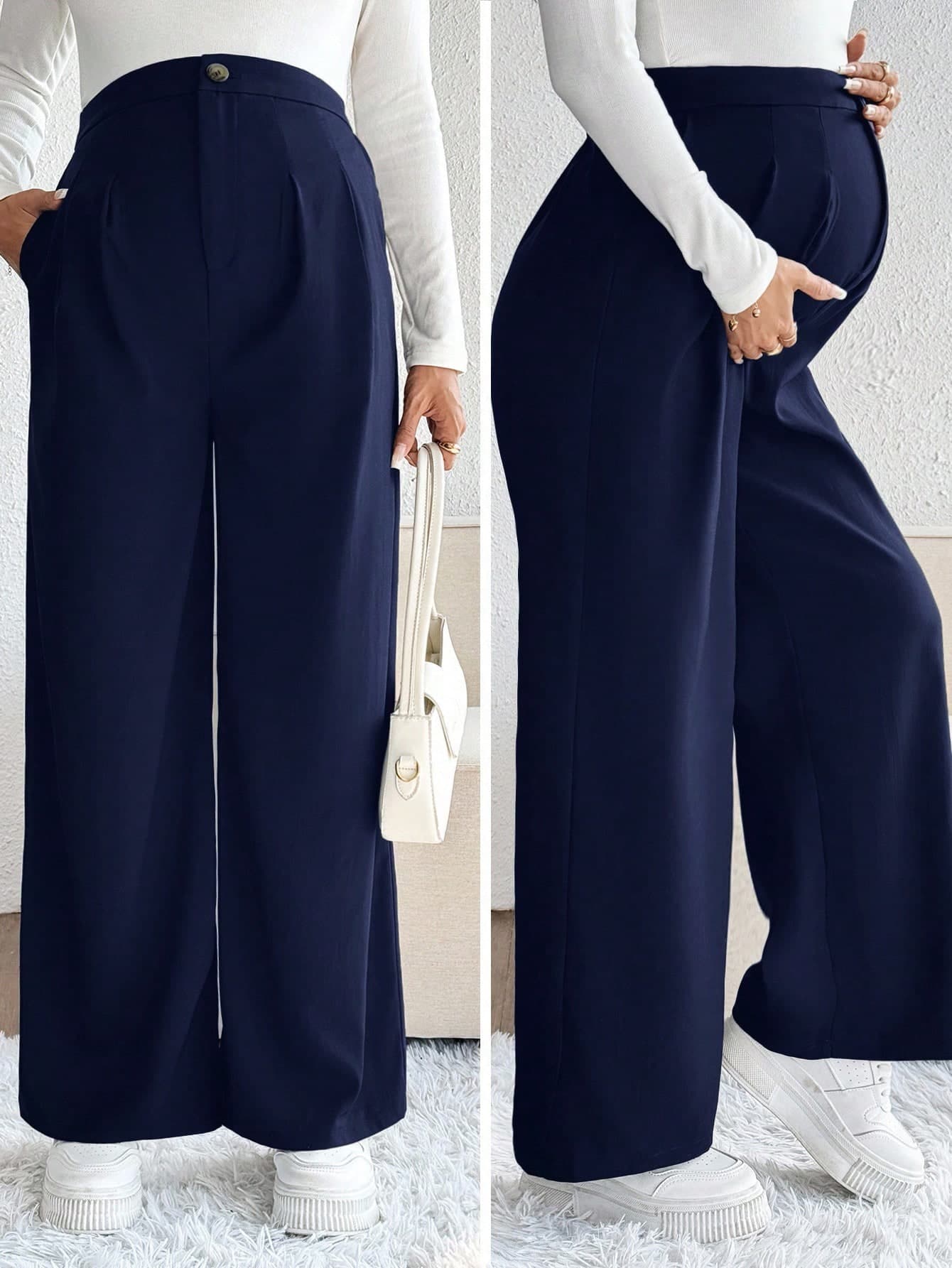SHEIN Solid Color Casual Everyday Versatile Wide Leg Button Maternity Pants Dress Navy Blue Pregnancy Palazzo Women Fall