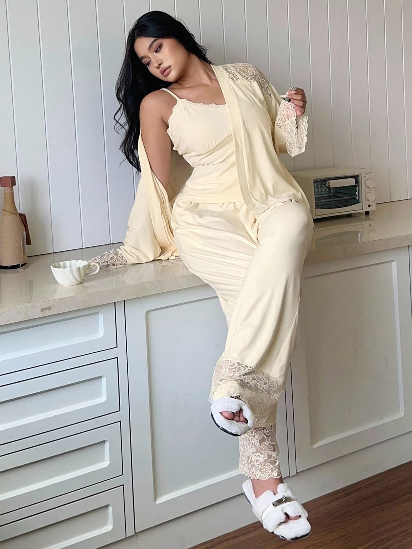 Dazy Plus 3pcs Plus Size Women Elegant Contrast Lace Camisole Top, Robe And Pants Sleepwear Set Fall Winter Clothes