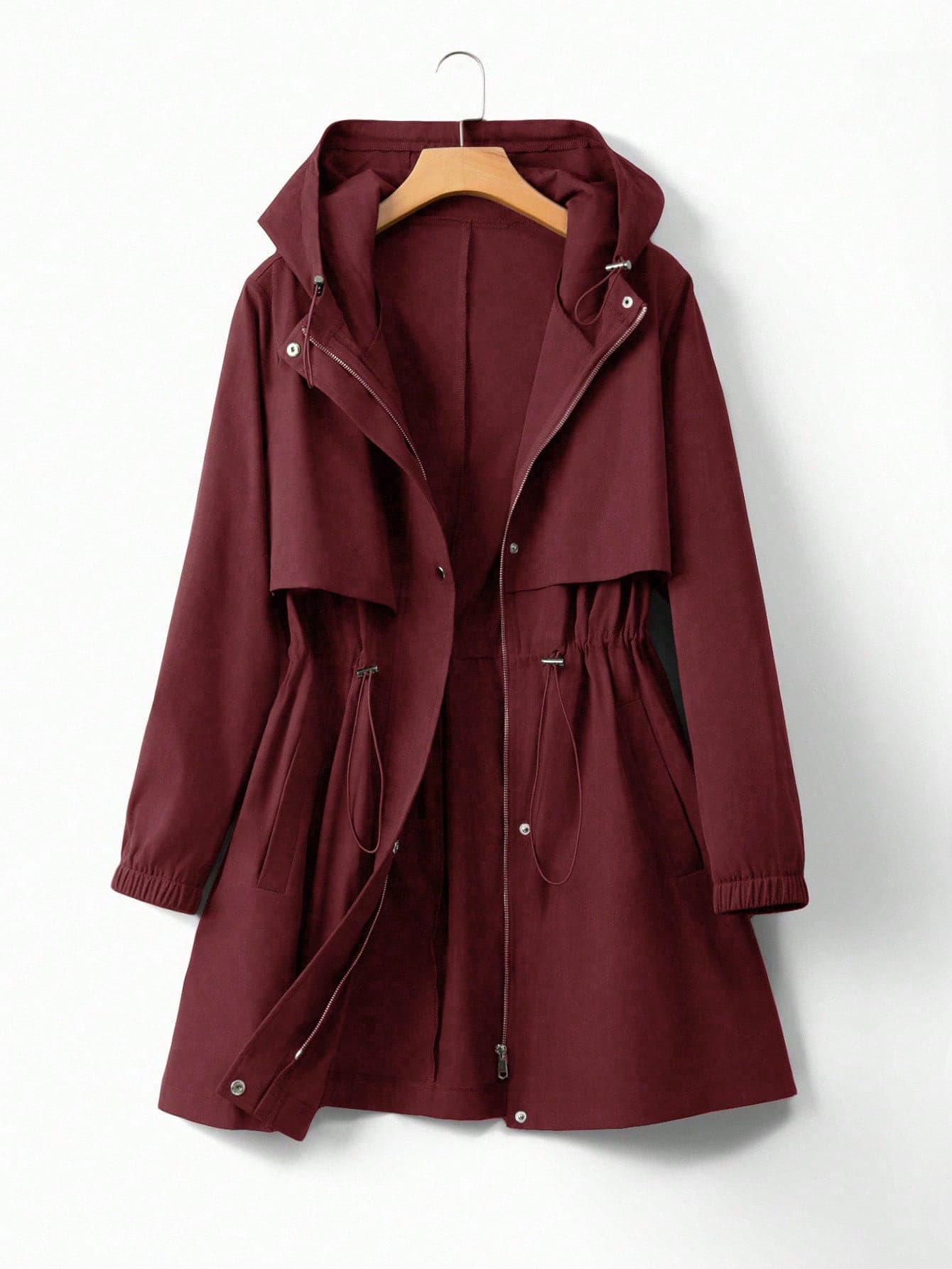 EMERY ROSE Plus Size Women Cinched Waist Hooded Windbreaker Jacket, Korean Style Casual Elegant Loose Fit High-End Summer Outerwear Fall