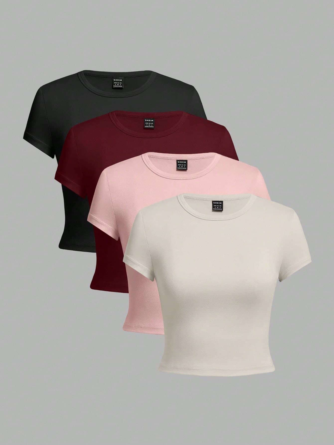 SHEIN EZwear 4pcs/Set Casual Round Neck Short Sleeve Fitted Women T-Shirts, Suitable For Summer