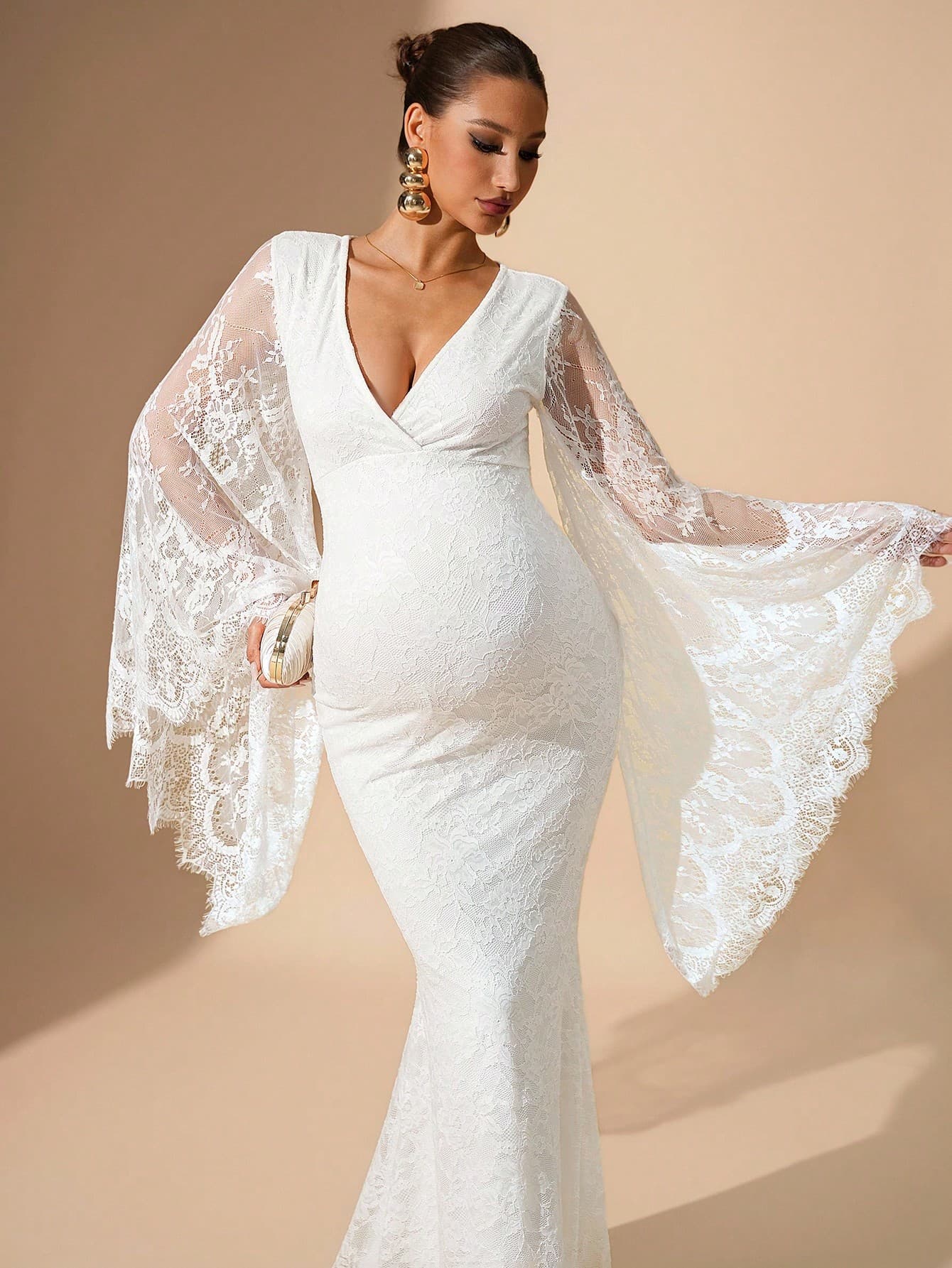 MaterniChic Autumn And Winter Maternity Dress Solid Color Deep V-Neck Fitted Flare Sleeve Lace Maternity Dress New Year Women's Clothes Elegant Dresses For Party