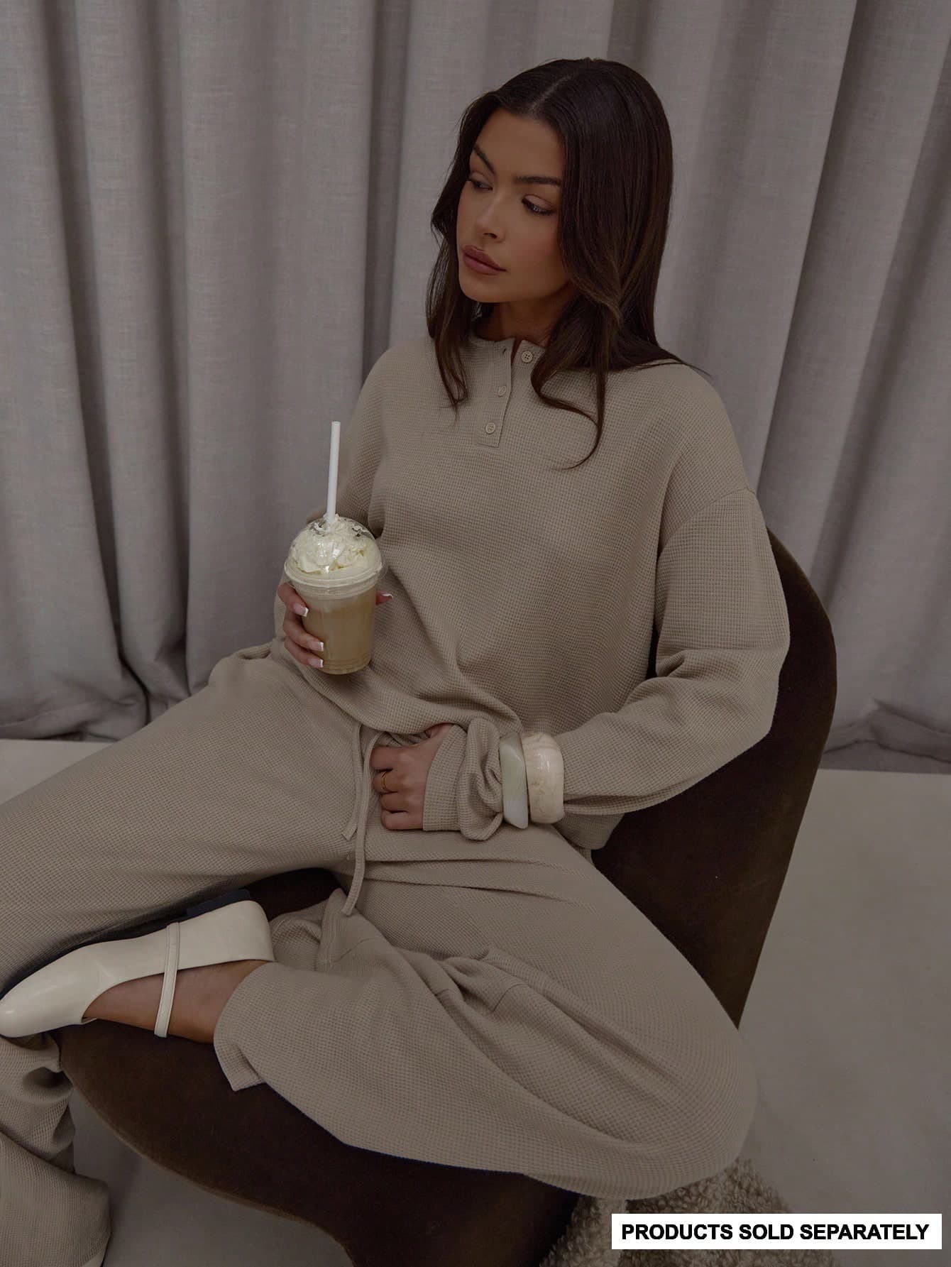 MUSERA Button Up Henley Detail Loose Fit Waffle Top Only Streetwear Classy Casual Sexy Going Out Fall Autumn Toffee Elegant Holidays Party Spring Summer