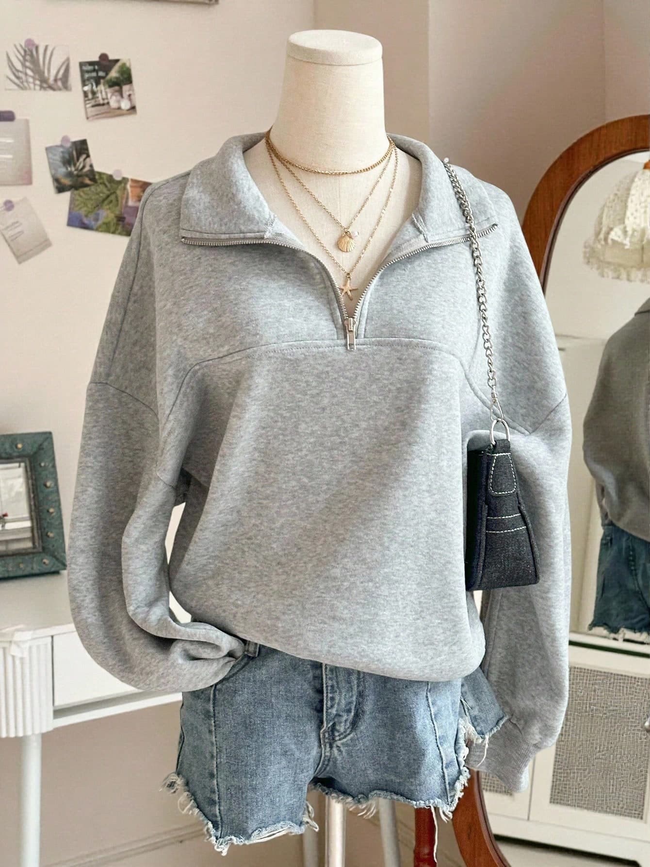 SHEIN Tween Girl Casual Minimalist Zip-Up Drop Shoulder Sweatshirt, Autumn Fall Winter
