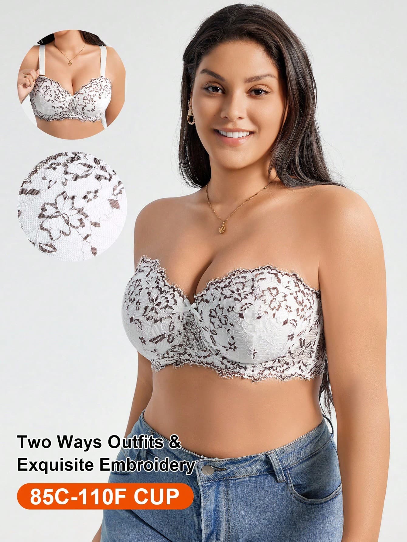 SHEIN 1pc Plus Size Women Lace Strapless Bra With Underwire, Fashionable, Lift