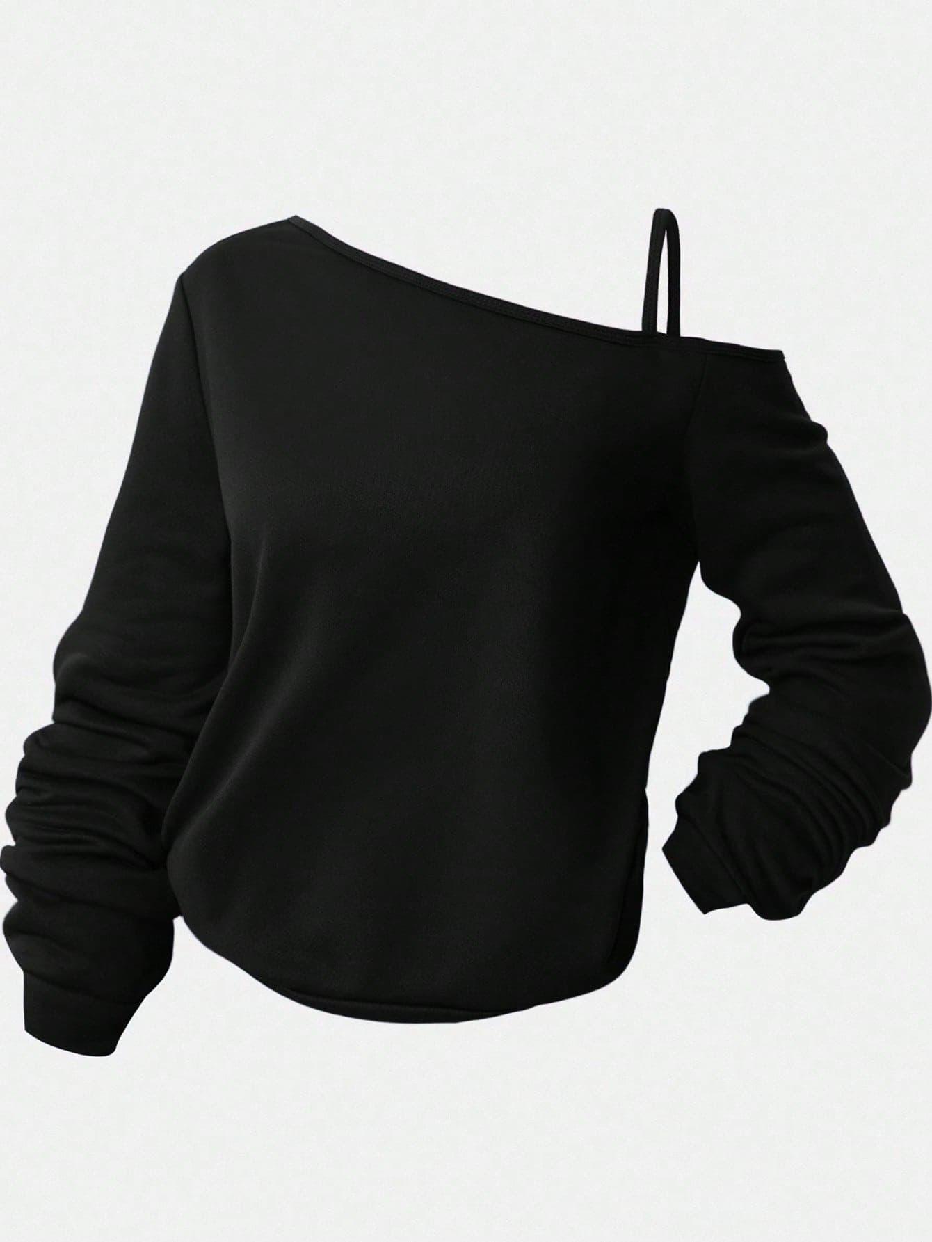 Girlism Teen Girl Black Asymmetric Shoulder Strap Long Sleeve T-Shirt,Autumn Casual Holiday Winter Tops For College,Halloween,Christmas,Street Style,Home Wear