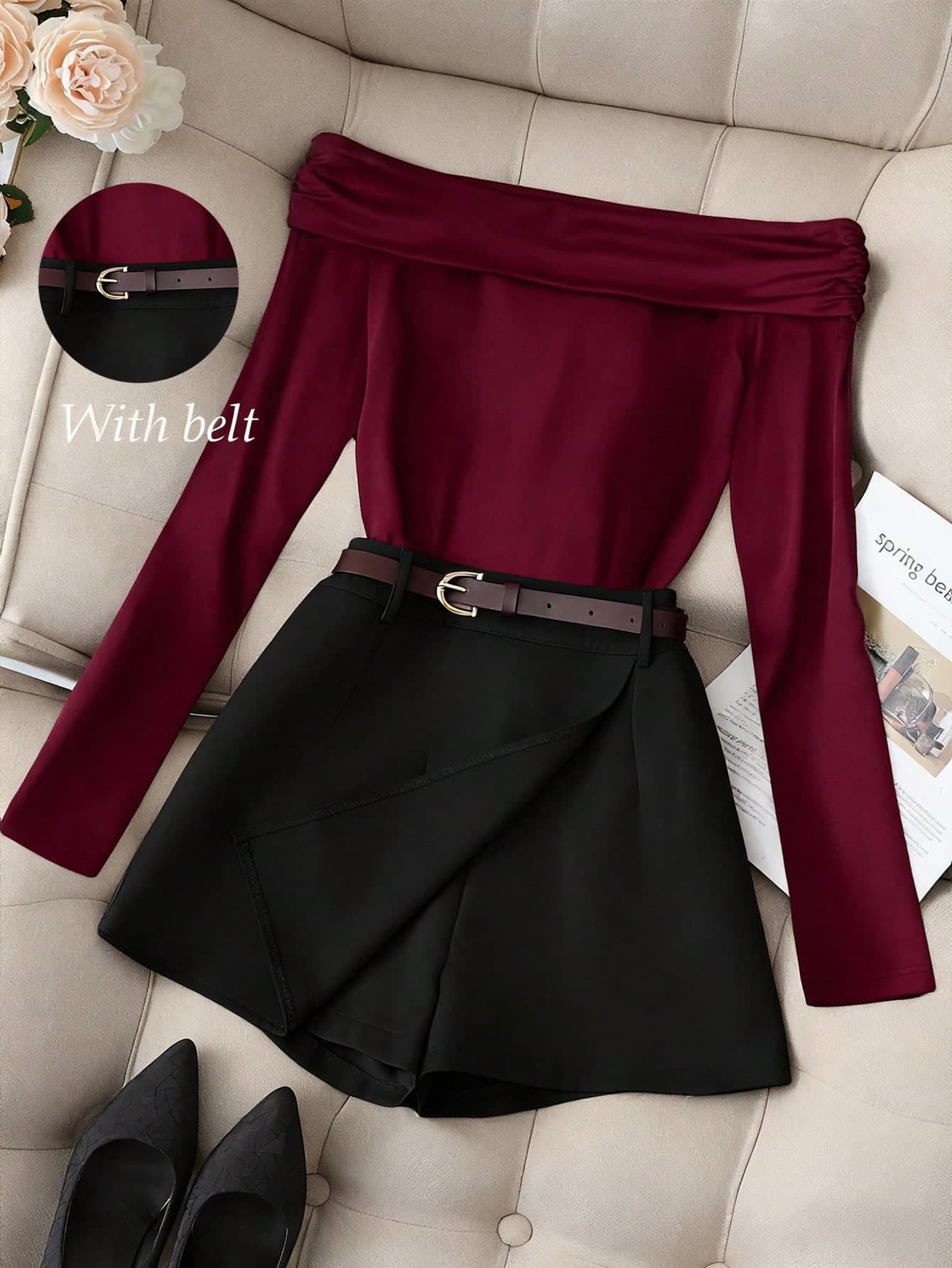 Franclia Elegant Women's 2-Piece Suit Set For Autumn Dining,Black One-Shoulder Ruched Long Sleeve Top Paired With Khaki Shorts/Skirt With Belt,Chic Commute