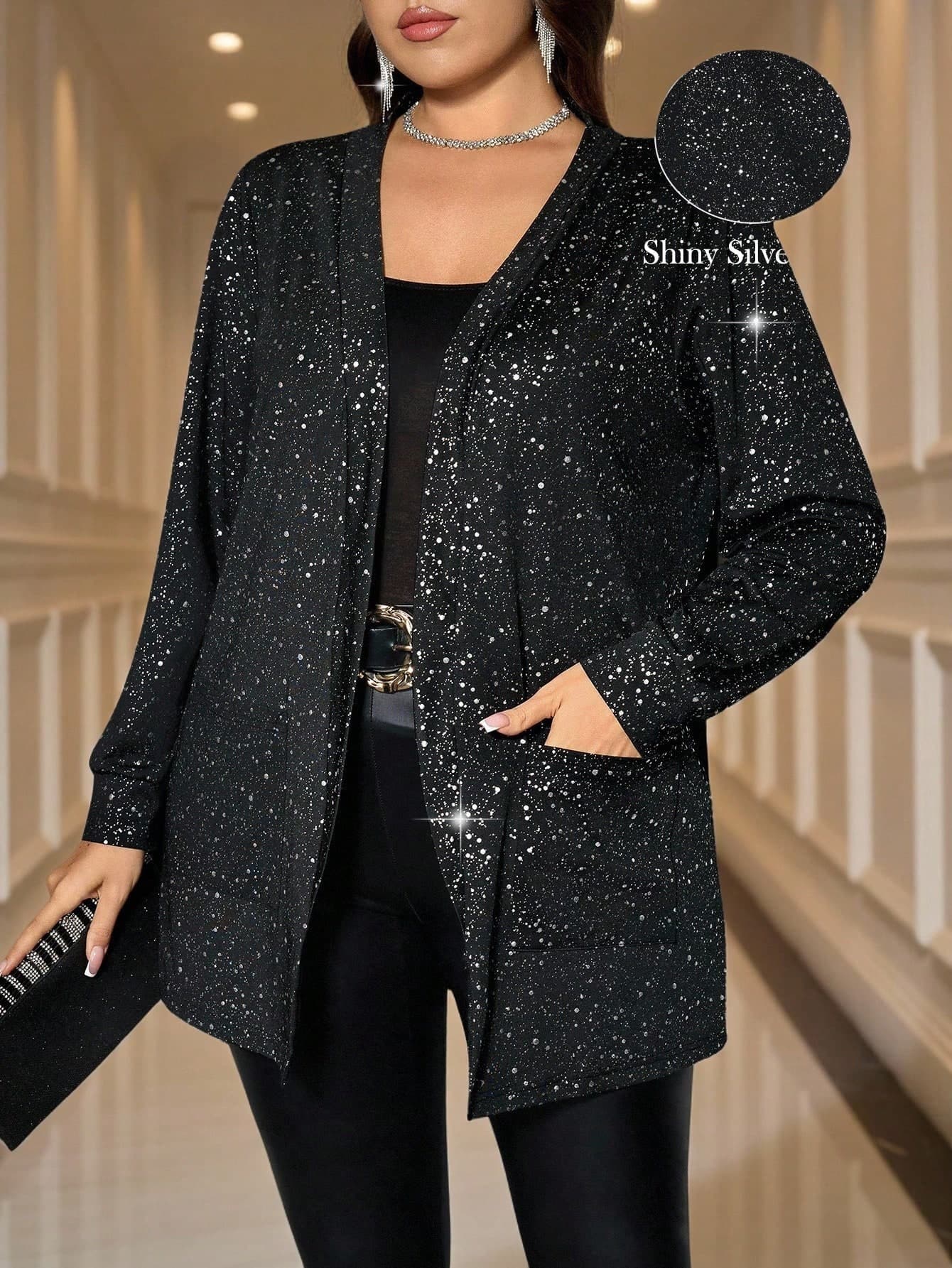 SHEIN Clasi Plus Size Women's Black Loose Long Sleeve Shiny Silver Hot Stamping Fabric Pocket Jacket, Comfortable, Soft And Shiny Fall