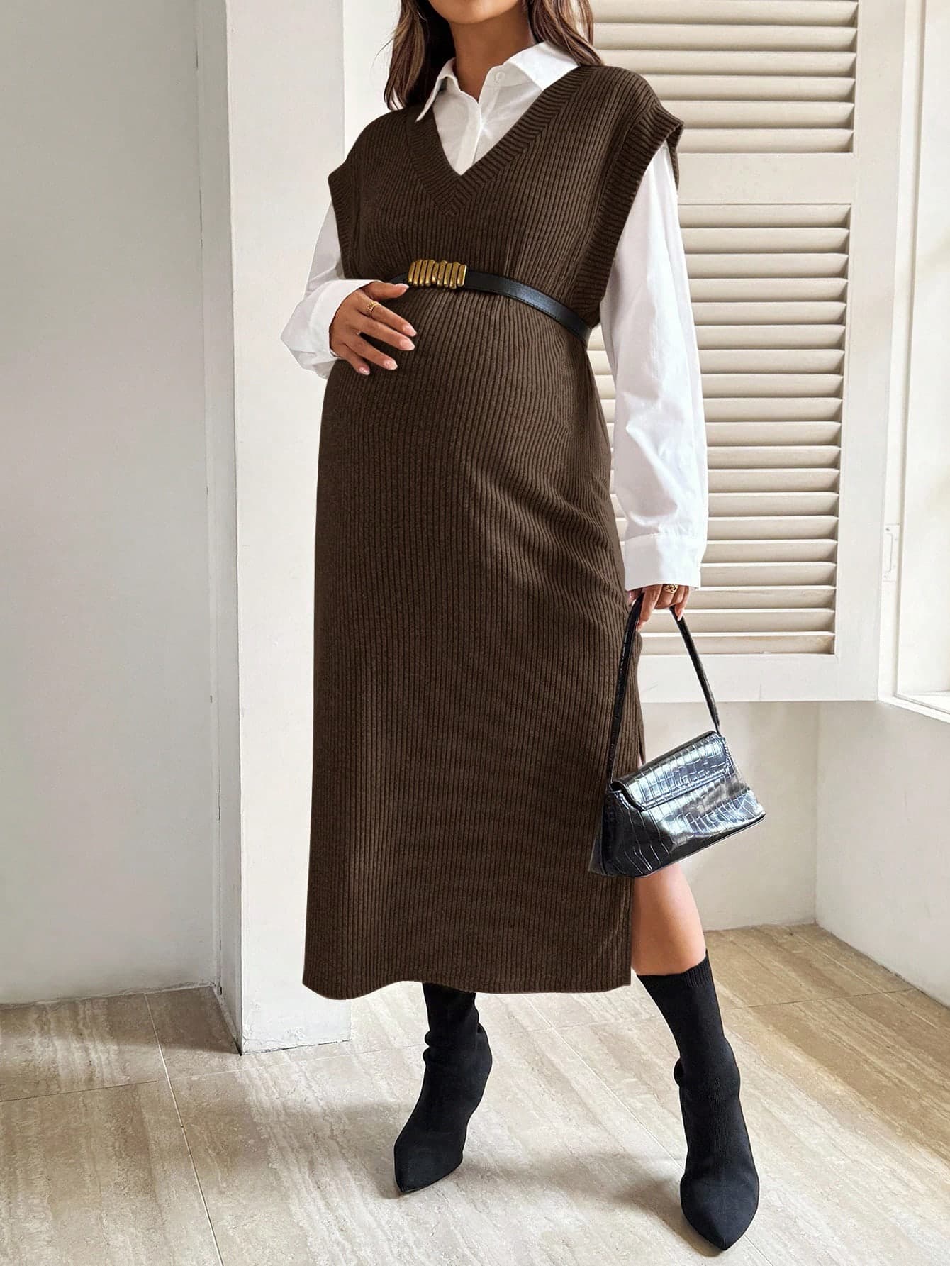SHEIN 2pcs Maternity Casual/Office Solid Color Shirt Dress Set,Brown French Style Elegant Women Workwear,Pregnant Black And White,Autumn Back-To-School