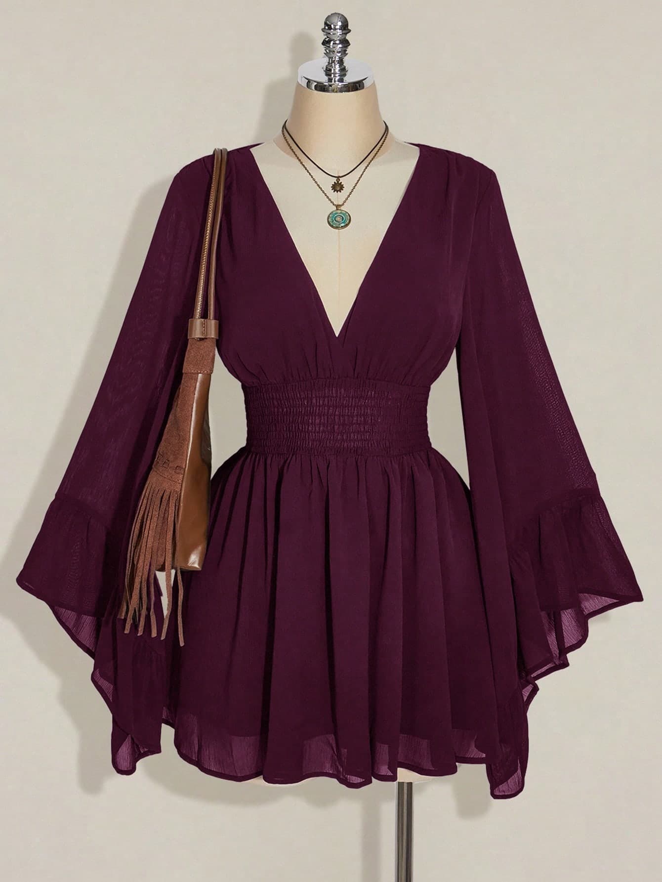 SHEIN ICON Plus Size Women's V-Neck Ruched Waist A-Line Dress With Flare Sleeves, Boho, Hippie, Y2K, Summer Fall