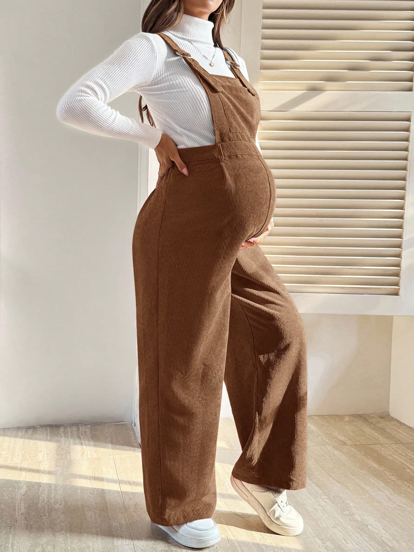 SHEIN Maternity Casual Solid Color Bib Jumpsuit, Autumn/Winter Overalls Women Brown For Plus Size Fall
