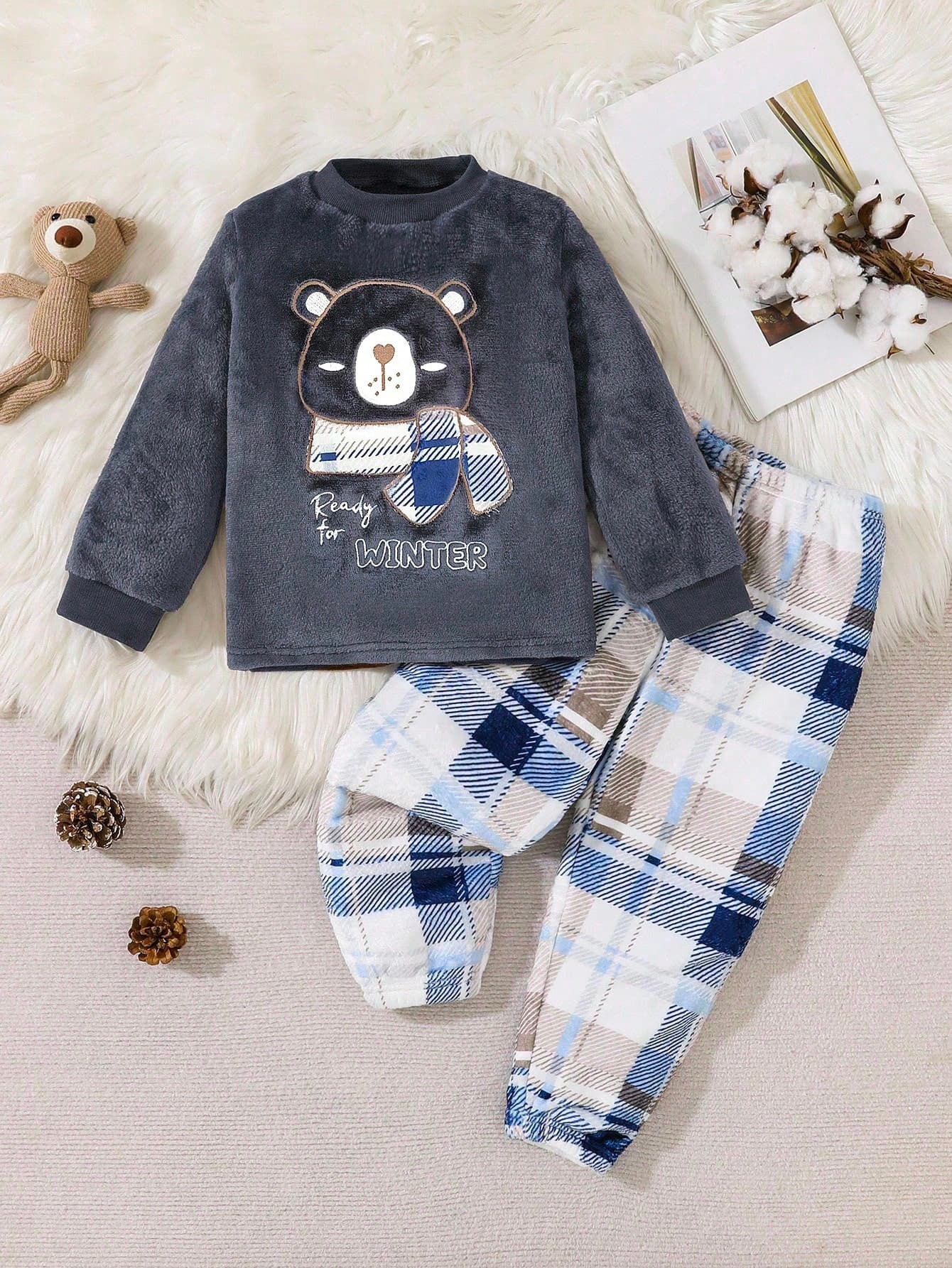 Toddler Boys'Brown Cartoon Bear Pattern Fleece Long Sleeve Top And Pants Homewear Set,Blue And White Striped,Autumn,Cute,Family Matching,Comfortable