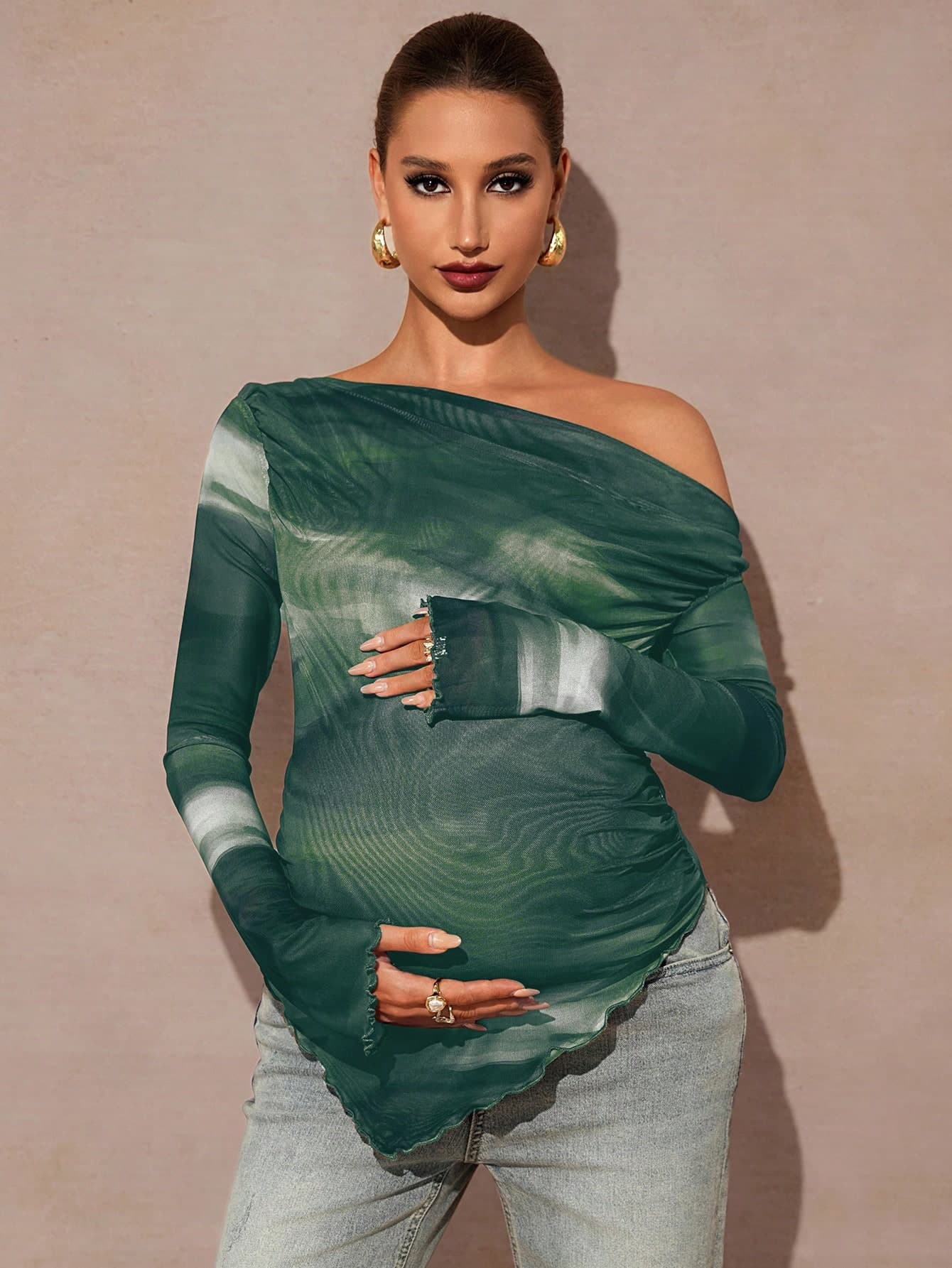 MaterniChic Tie-Dye Print Oblique Shoulder Long Sleeve Fitted Maternity T-Shirt Pregnant Clothes Tops Pregnancy Photoshoot Dress Green Baby Shower Fall
