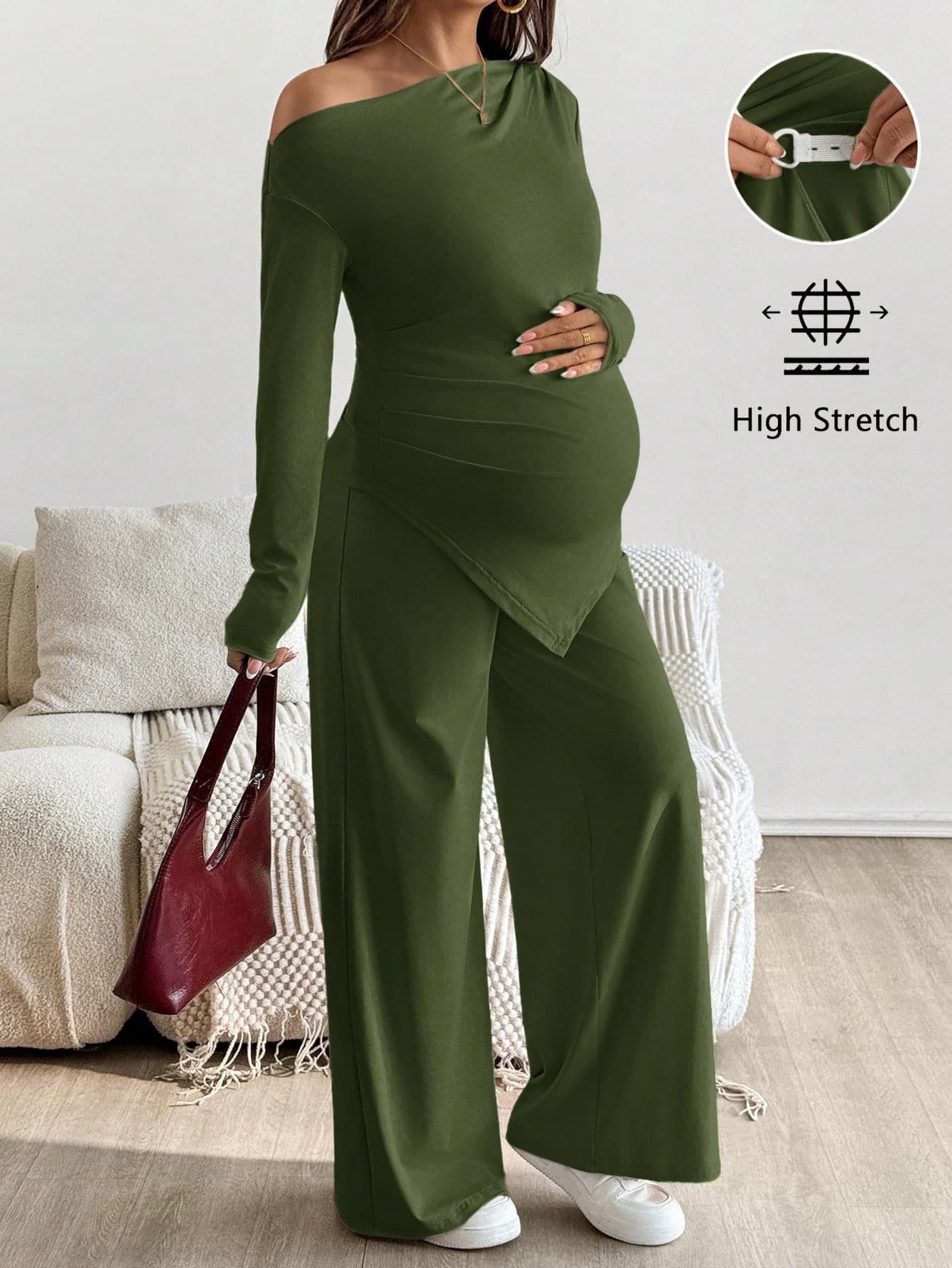 SHEIN 2pcs Maternity Casual Olive Green Autumn Outfits,Solid Asymmetric Top And Pants Set,Pregnancy Clothes For Baby Shower,Maternity Two Piece Suits Fall