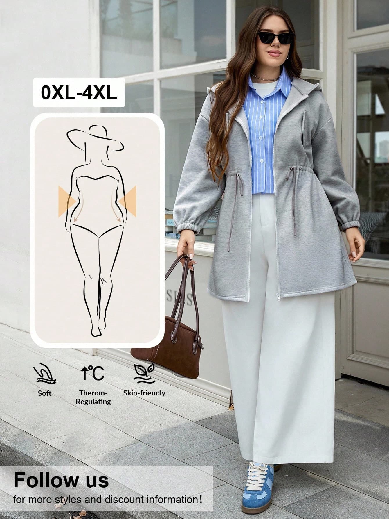 SHEIN LUNE Plus Size Solid Color Drawstring Waist Hooded Jacket, Autumn/Winter Office For Women Coat Women's Zipper Sweatshirt Jacket, Thermal Lined Warm Jacket