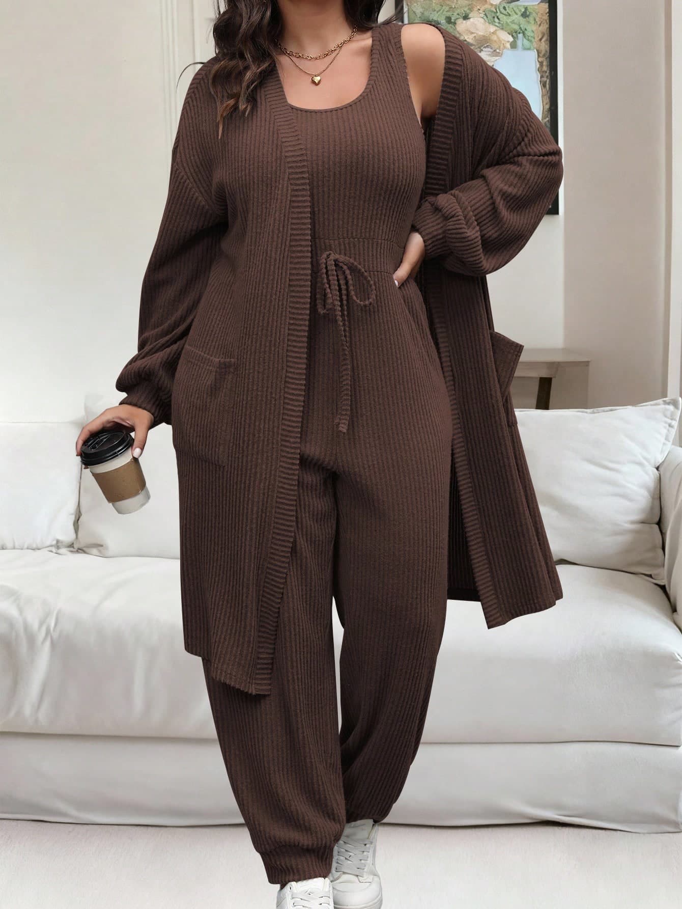 Vionelle Plus Size Women's Brown Knit 2 Pieces Set, Autumn Casual Business Vacation Long Sleeve Open Front Jacket Waist Tie Sleeveless Jumpsuit Formal Lounge