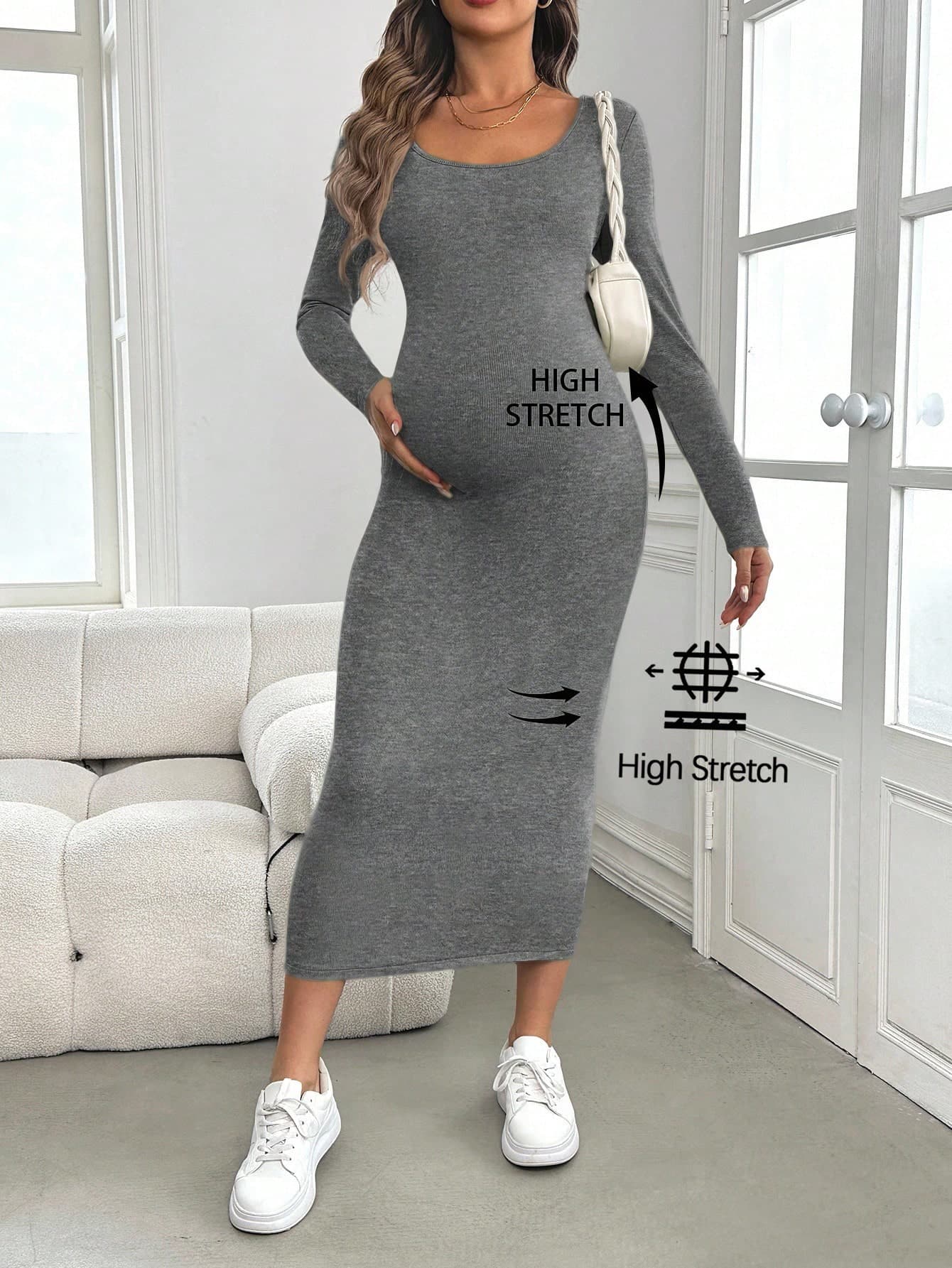 SHEIN Maternity Long Sleeve Bodycon Dress, Green, Suitable For Baby Shower, Autumn/Winter Pregnant High Stretch Casual Fall