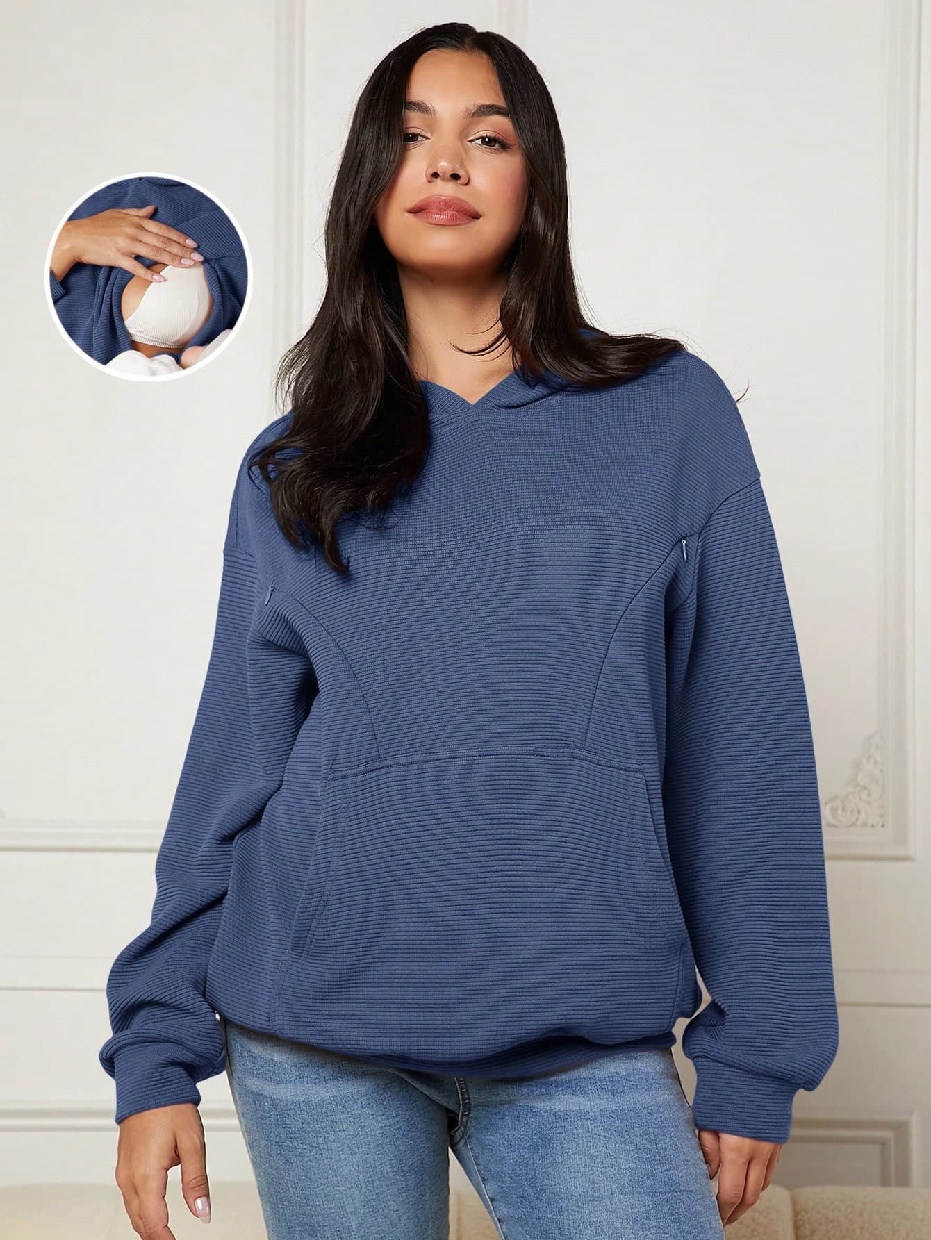 SHEIN Dusky Blue Casual Everyday Nursing Hoodie,Maternity Knitted Long Sleeve Ribbed Top With Pocket,Plus Size Regular Fit Sweatshirt For New Moms Women