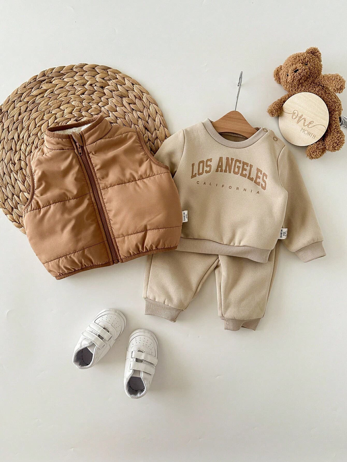 Newborn Baby Girl Cute Casual Knit Khaki Long Sleeve Sweatshirt, Pants And Fleece Winter Jacket Set