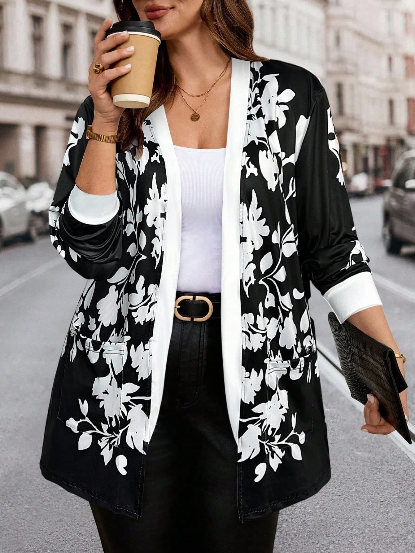 SHEIN Clasi Plus Size Women Floral Print Long Sleeve Open Front Casual Fashion Jacket, Autumn/Winter Fall