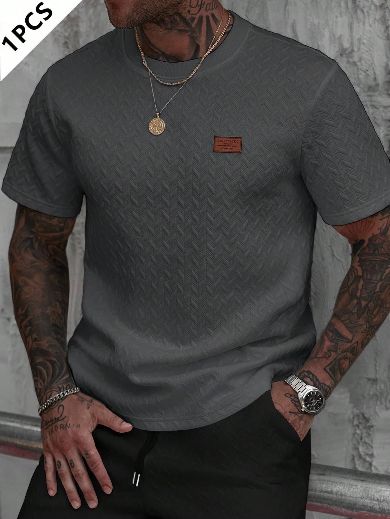 Manfinity CasualCool Men's Grey Summer Jacquard Ribbed Collar Short Sleeve T-Shirt,Casual Streetwear City Break Fashion Pattern Tee,Versatile Gift For Boyfriend Or Husband