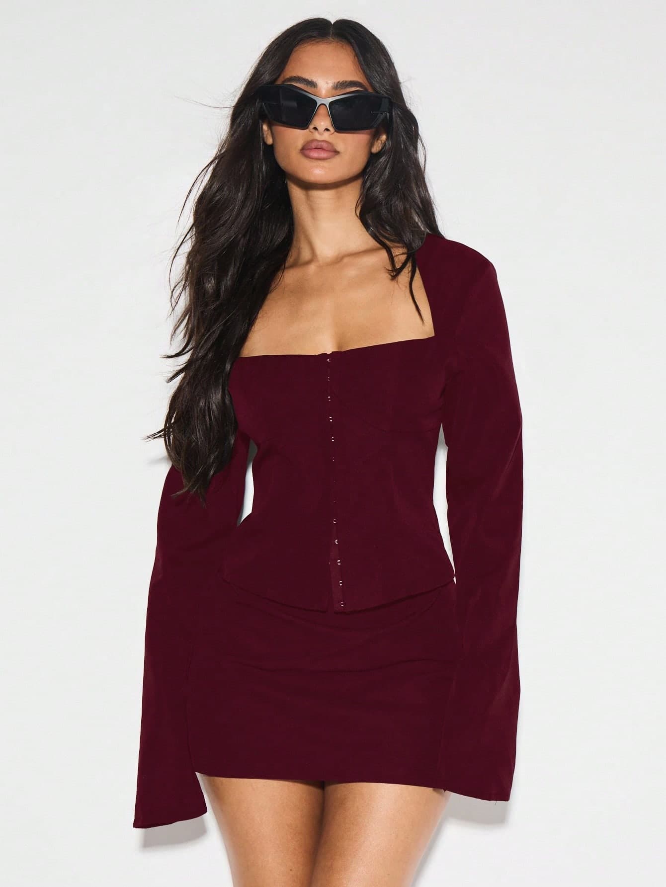 KIZN Long Sleeve Square Neck Button Front Corset Top Fitted Tailored Autumn Winter Holiday Party Special Occasion Evening Elegant Formal Wear