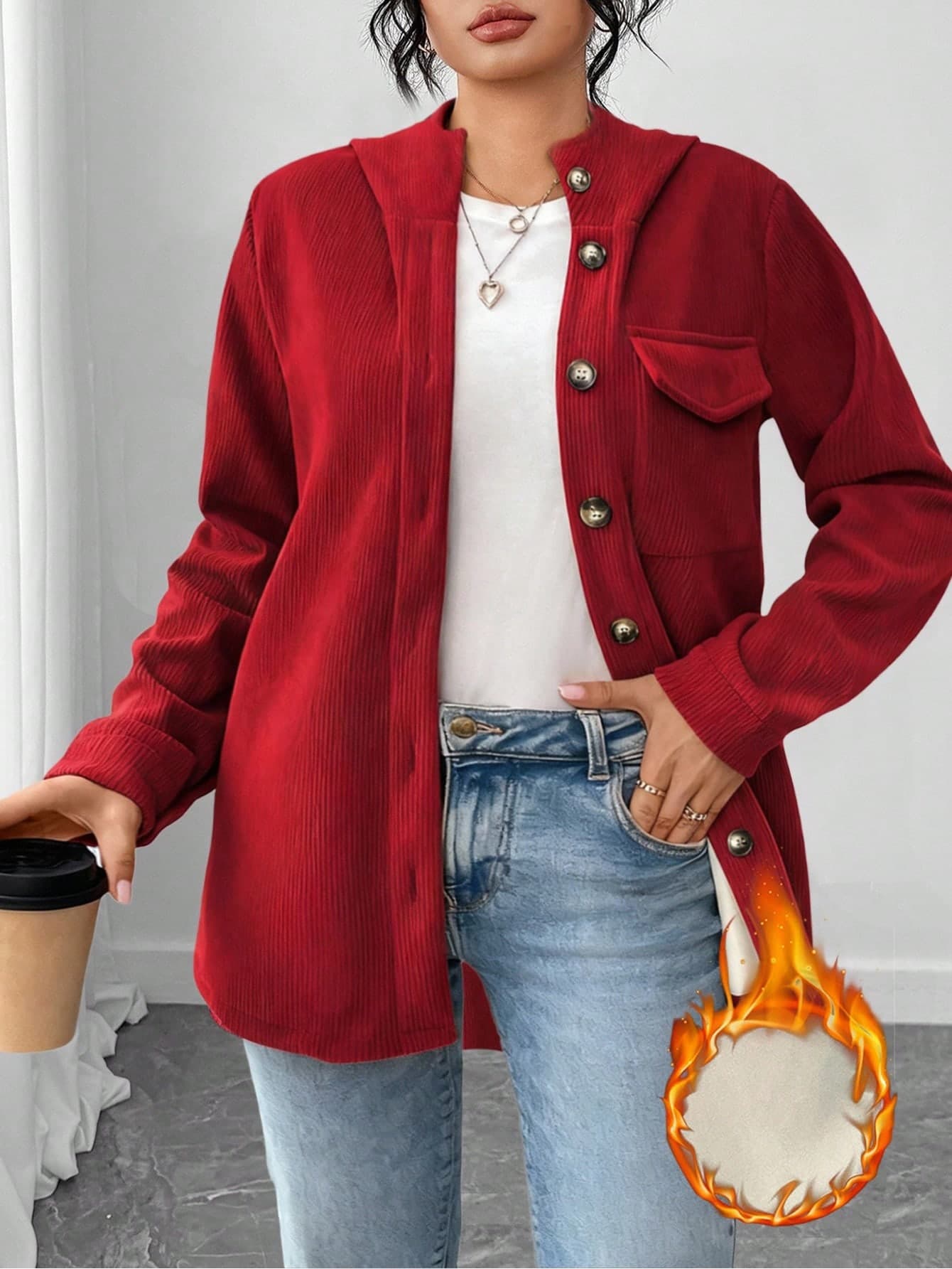 Elenzga Plus Size Women Casual Basic Corduroy Button Hoodie Jacket
